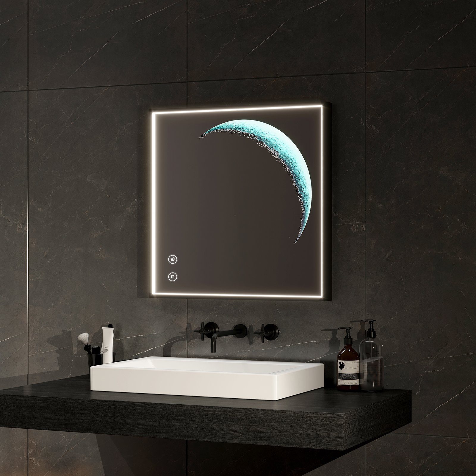 Badspiegel EMKE Rahmen,Beschlagfrei,Energiesparend Dekospiegel 6500K Schwarzem Mondschein Wandspiegel, Touch mit LED-Lichtspiegel