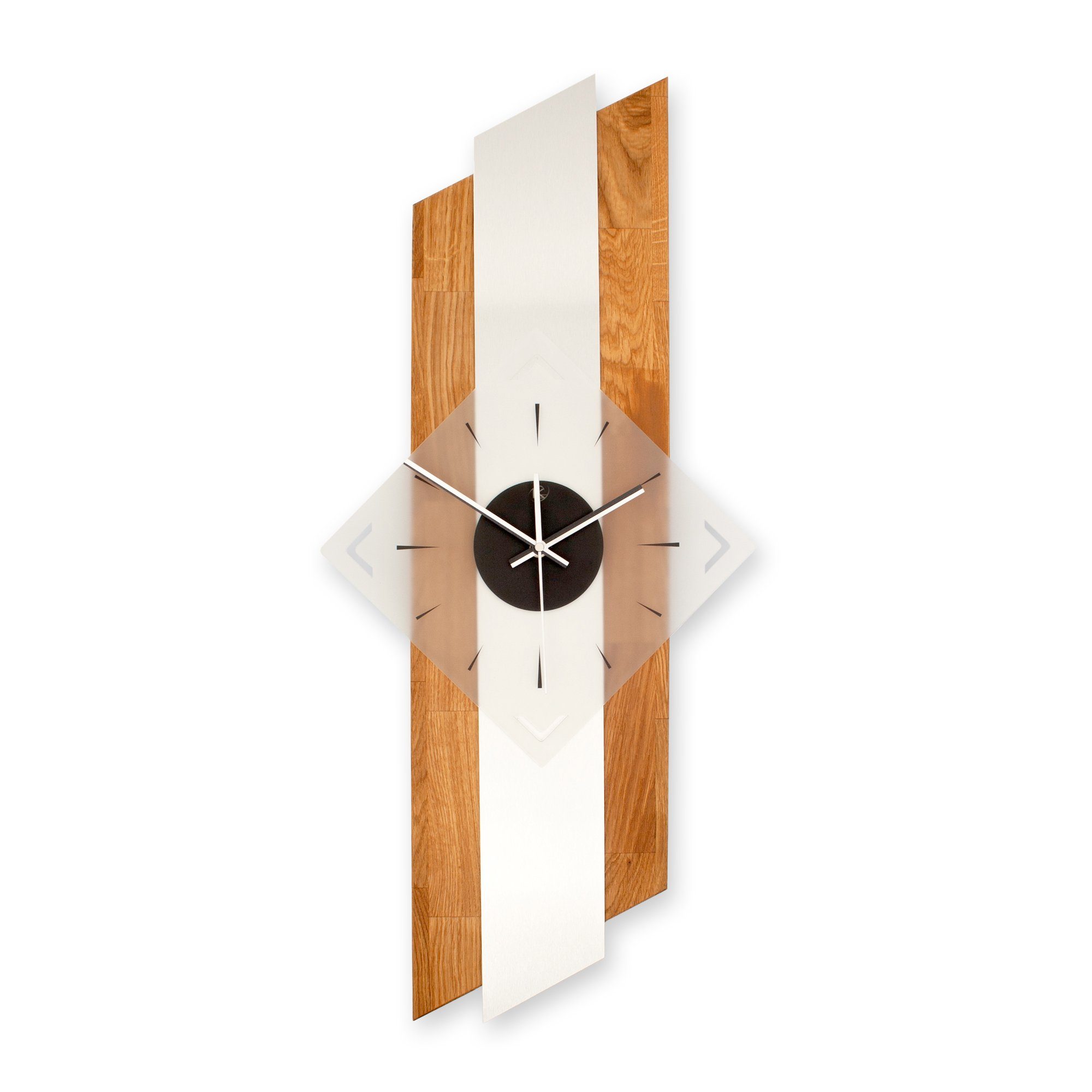 Kreative Feder Wanduhr Designer-Wanduhr "Diagonal" aus hochwertigem Massivholz (ohne Ticken; Funk- oder Quarzuhrwerk; elegant, außergewöhnlich, modern) Eiche