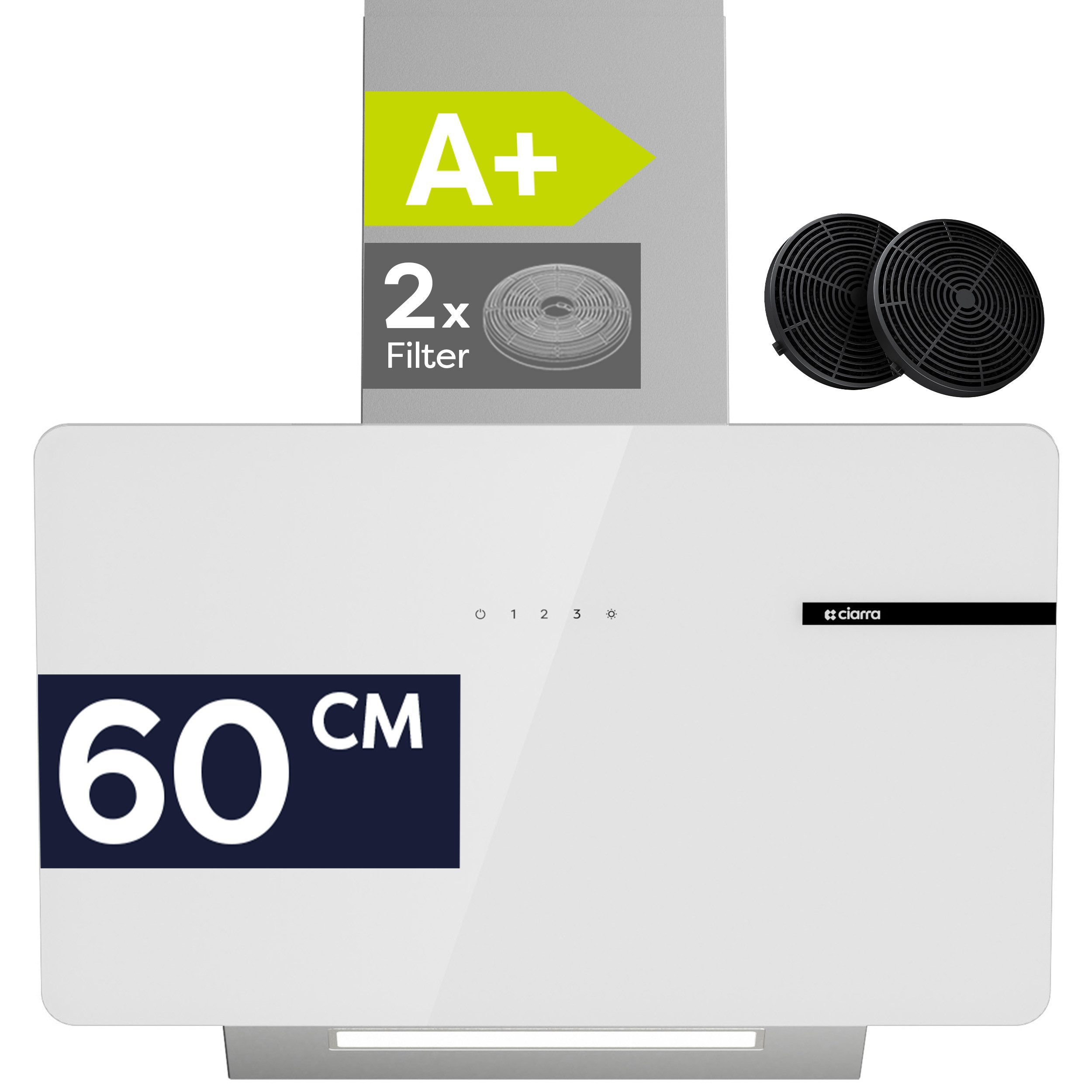 CIARRA Kopffreihaube 60 cm Dunstabzugshaube A+ 580 m³/h SensorTouch LED VMS6765B 60 cm Dunstabzugshaube A+ 580 m³/h SensorTouch LED VMS6765B, Leise Schräghaube aus Edelstahl und Glas Umluft & Abluft 3 Stufen