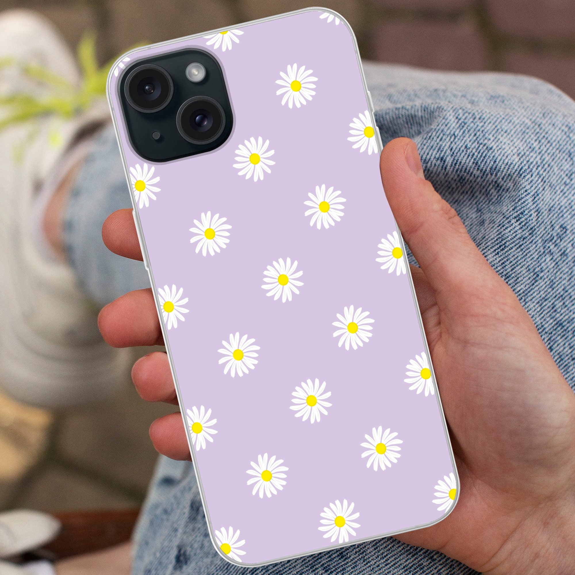 MuchoWow Handyhülle für Apple iPhone 15 Plus Gänseblümchen - Pastell - Weiß - Lila - Blume, Smartphone-Bumper, Print, Handy Schutzhülle Dünn
