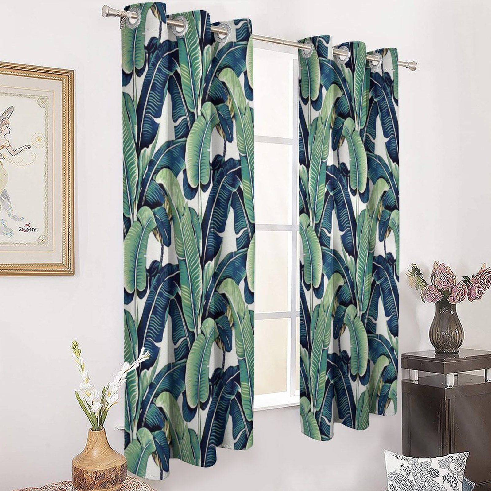 Vorhang 2 Stück Gardinen Vorhänge Verdunkelung Vorhang Blickdicht mit Ösen,  Celya, Vorhang mit Blattmuster
