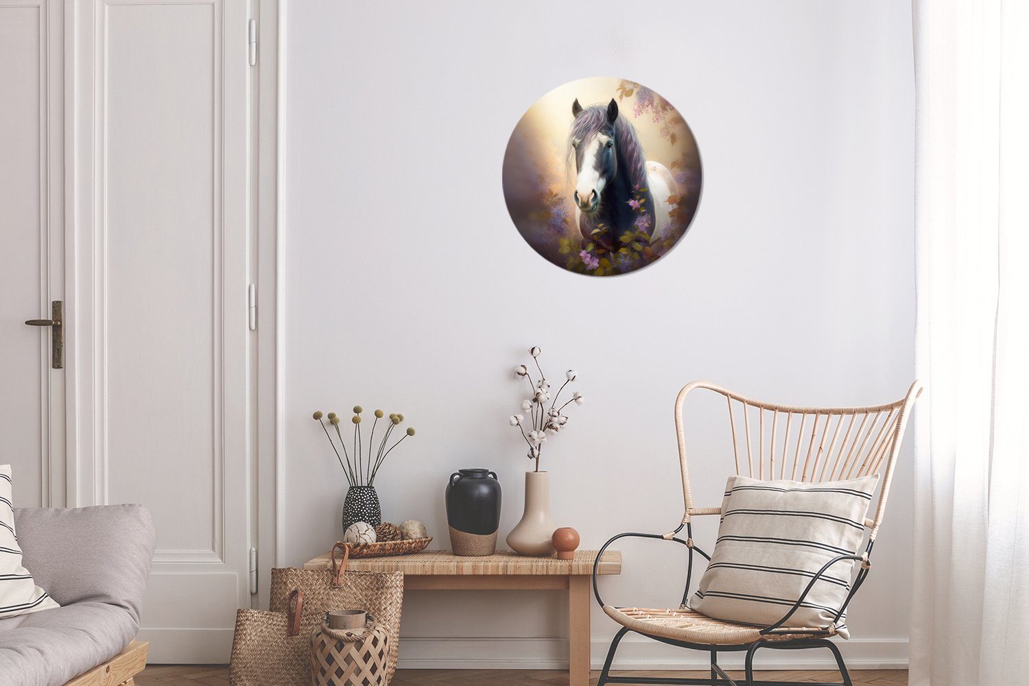 MuchoWow Gemälde Pferd - Natur Rundes Wanddekoration Forex, - Lila, cm St), - - Tiere Blumen Kreis (1 Wohnzimmer, Wandbild, 30x30