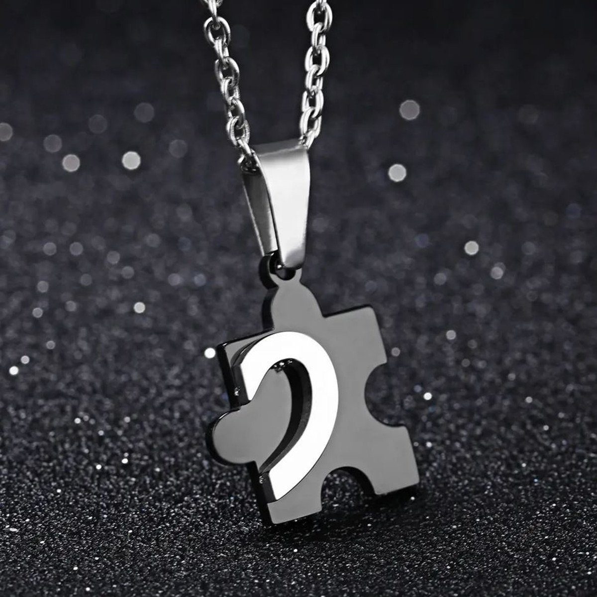 KARMA Partnerkette Paarkette Liebe modern Puzzle schwarz Silber Pärchenschmuck Herz (Halskette für Sie & Ihn, 2-tlg), Paarkette Liebe modern Liebeskette