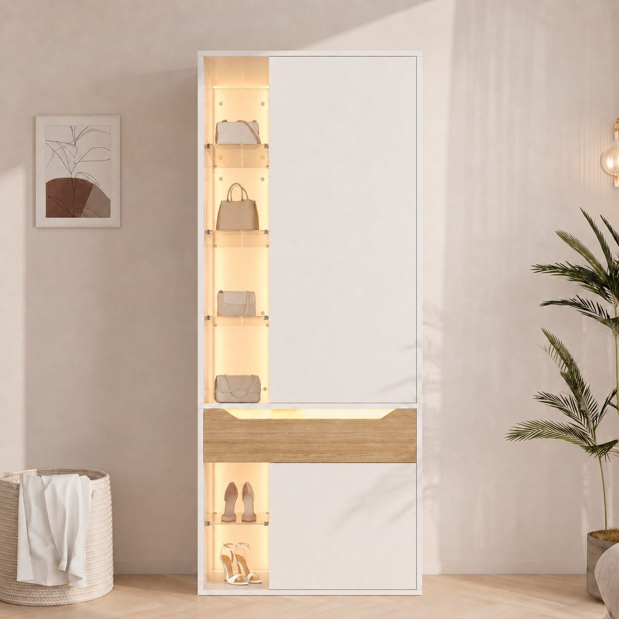 Celya Kleiderschrank 75 × 50 × 200 cm, mit LED-Beleuchtung und Glasvitrine (mit 1 Kleiderstange, 1 Schublade, 2 LED-Beleuchtung, 6 offenen Fächern)