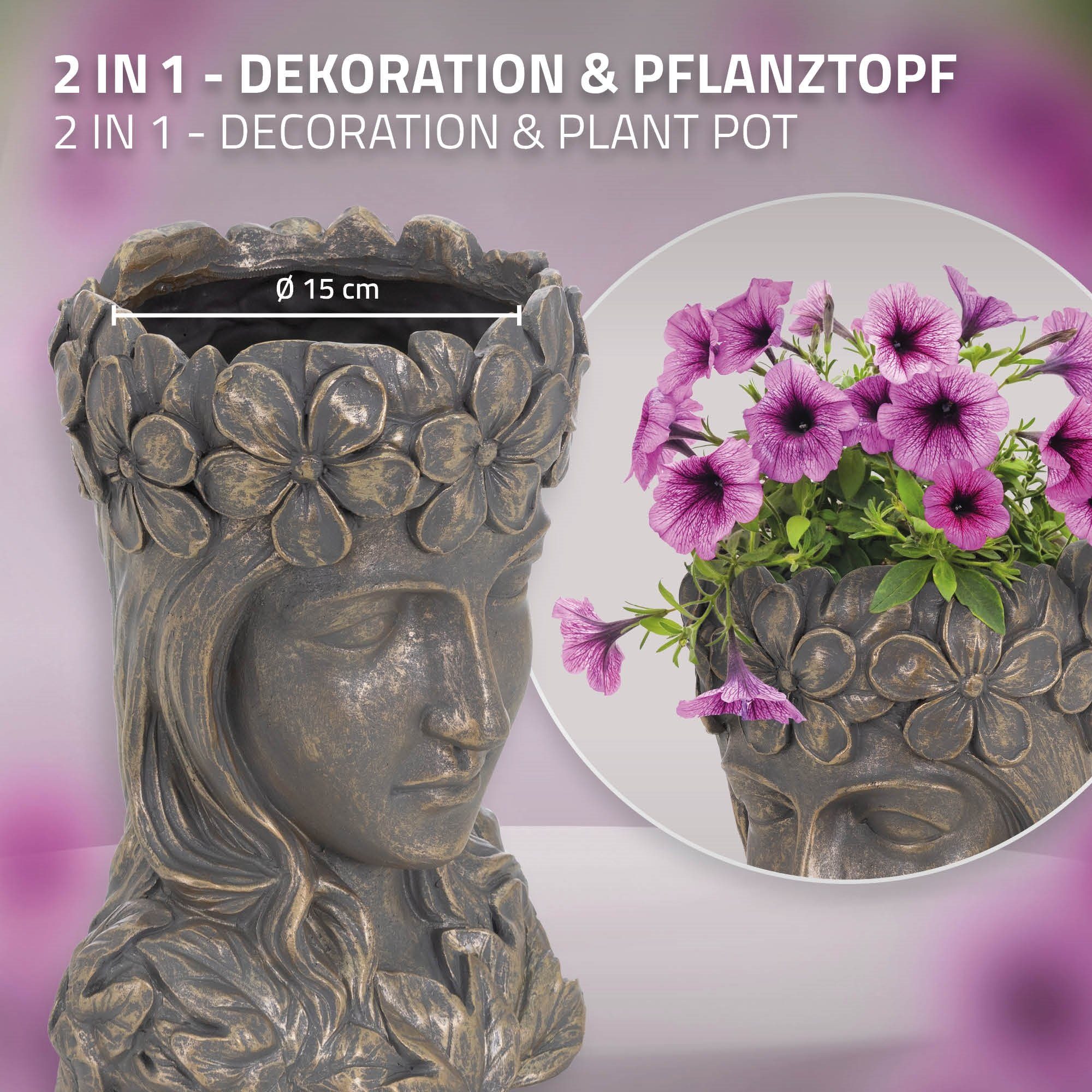 ML-DESIGN Statue Groß Büste Innen/Außen Groß Blumentopf Bronze Pflanztopf Gesicht, Kunstharz Dame cm Skulptur Frauenkopf 21x16x32 Figur