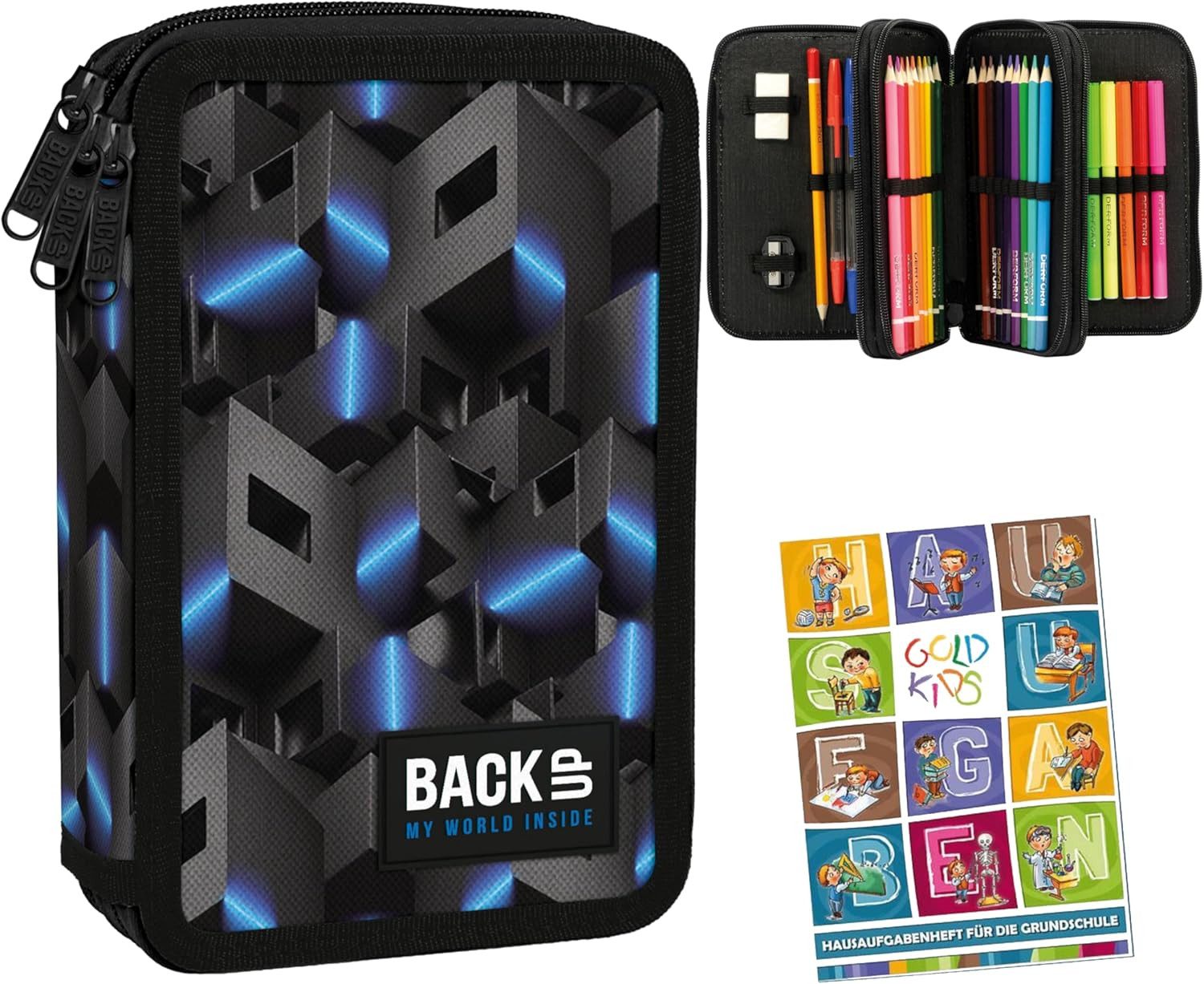 GOLDKIDS Federmäppchen 3 Fächer - Mäppchen für Mädchen und Jungen -, (Federmappe 3-Fach Federtasche, 1-tlg., Gefüllte Schüleretui 43-teilig), Schüleretui 43-teilig - Schulmäppchen und Hausaufgabenheft