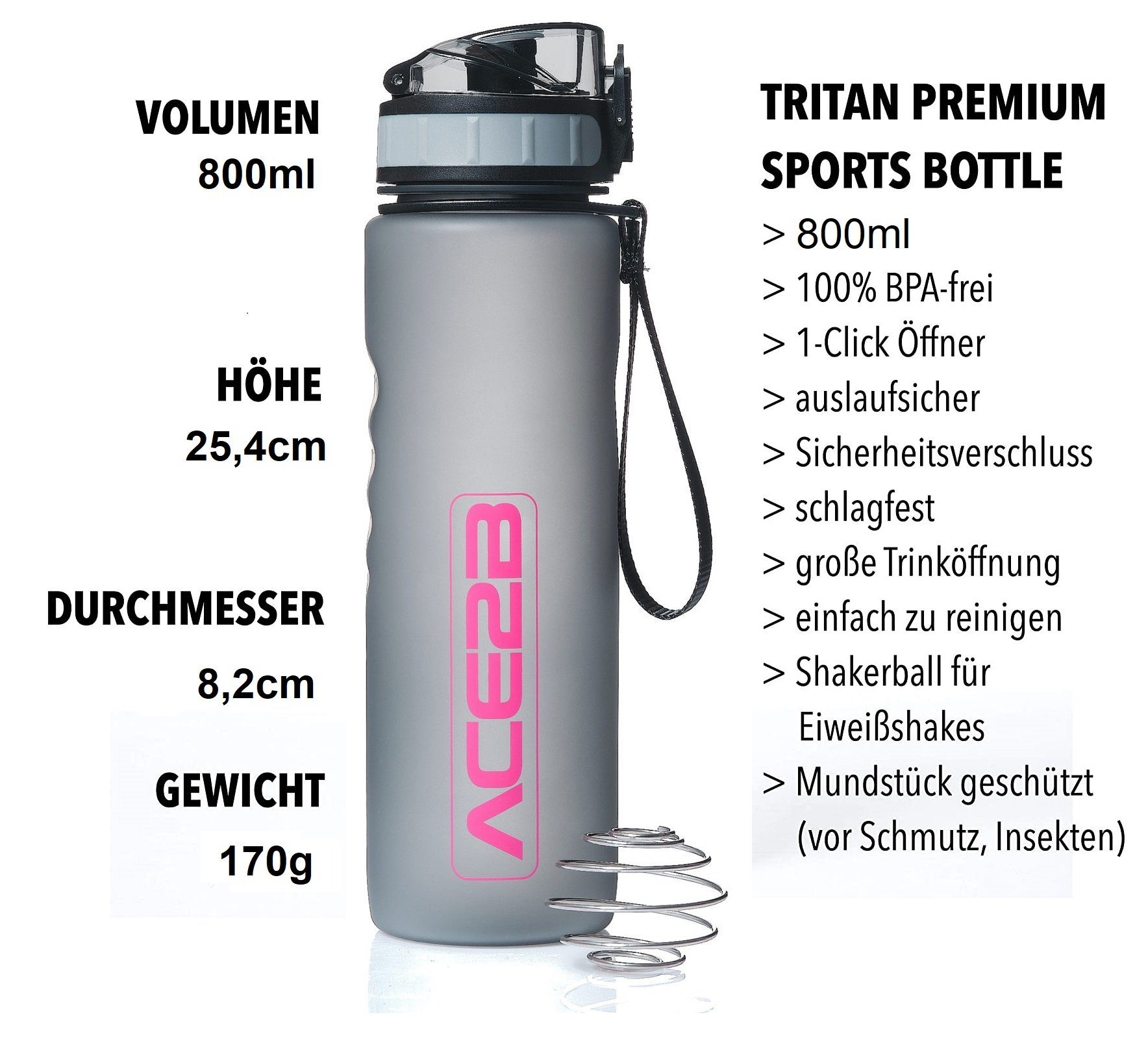 ACE2B Thermoflasche ace2b Trinkflasche Sportflasche Fitnessflasche Pink 800ml mit Shaker