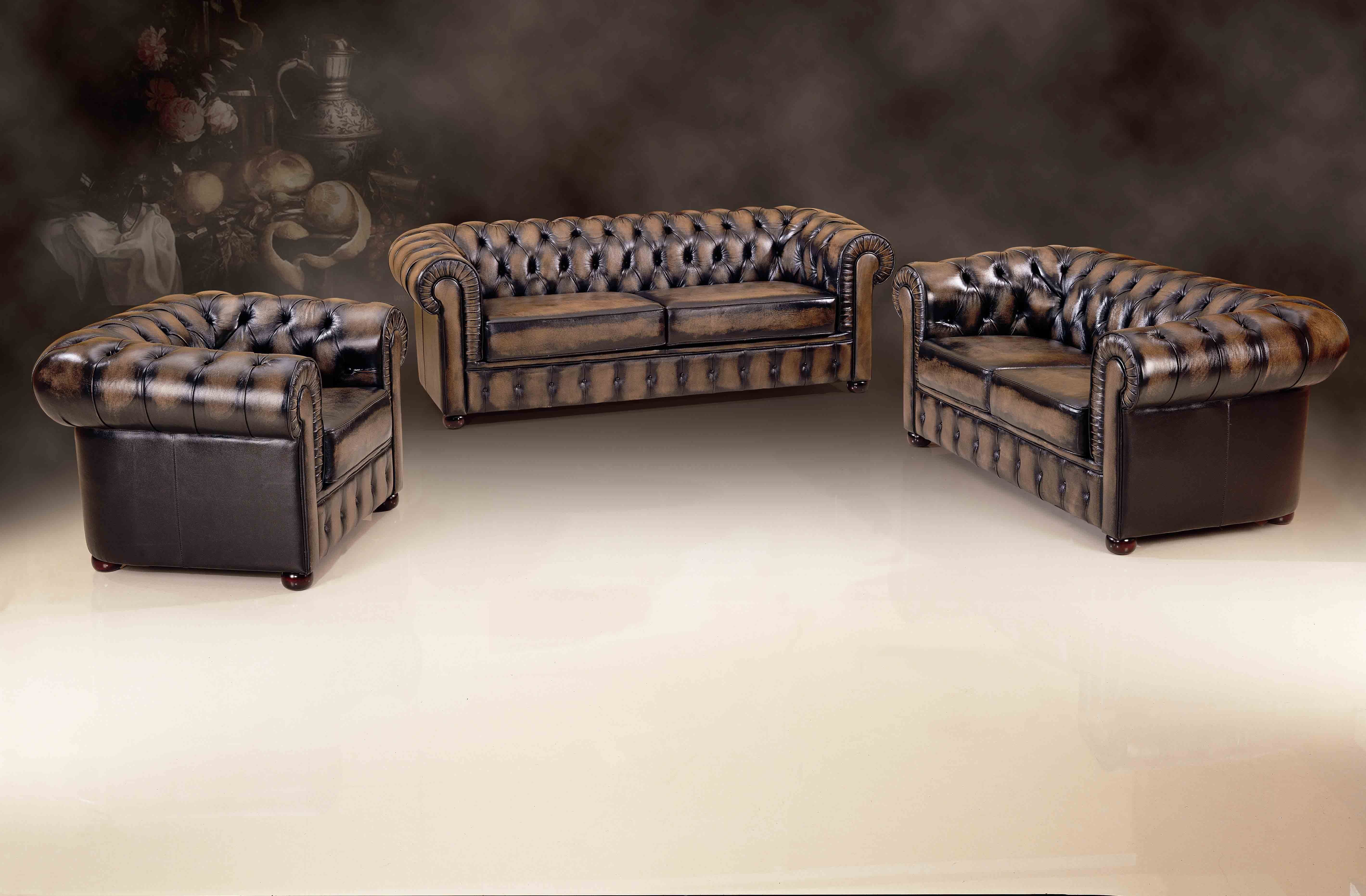 Salottini Polstergarnitur Chesterfield Sofagarnitur Bolton Leder 3/2/1 Braun, (3-tlg), Federkern