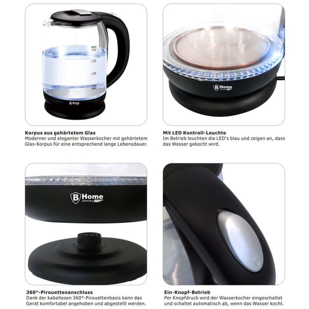 emeco Wasserkocher Led Glas Wasserkocher 1,8 Liter kabellos Kalkfilter blaue LED, 1500.00 W