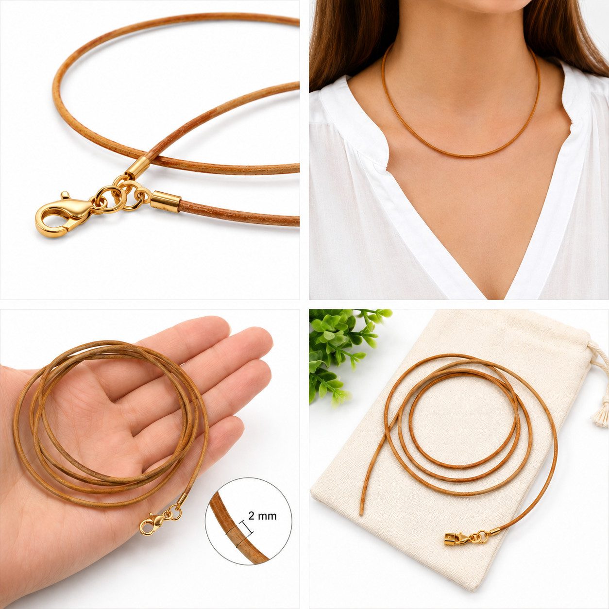 unbespielt Lederband Lederband Hellbraun gefärbt Karabinerverschluss Goldfarben 1 m, Modeschmuck für Damen und Herren