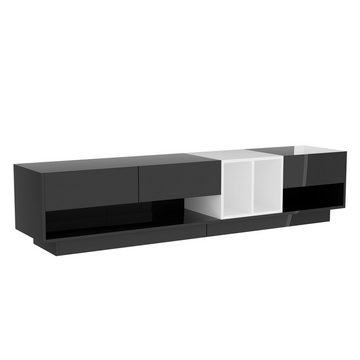 Celya TV-Schrank Farbblockierendes Design, Schubladen, Fächer, mehrere Stauräume Lowboard, Kombination in Hochglanz-Schwarz und Weiß