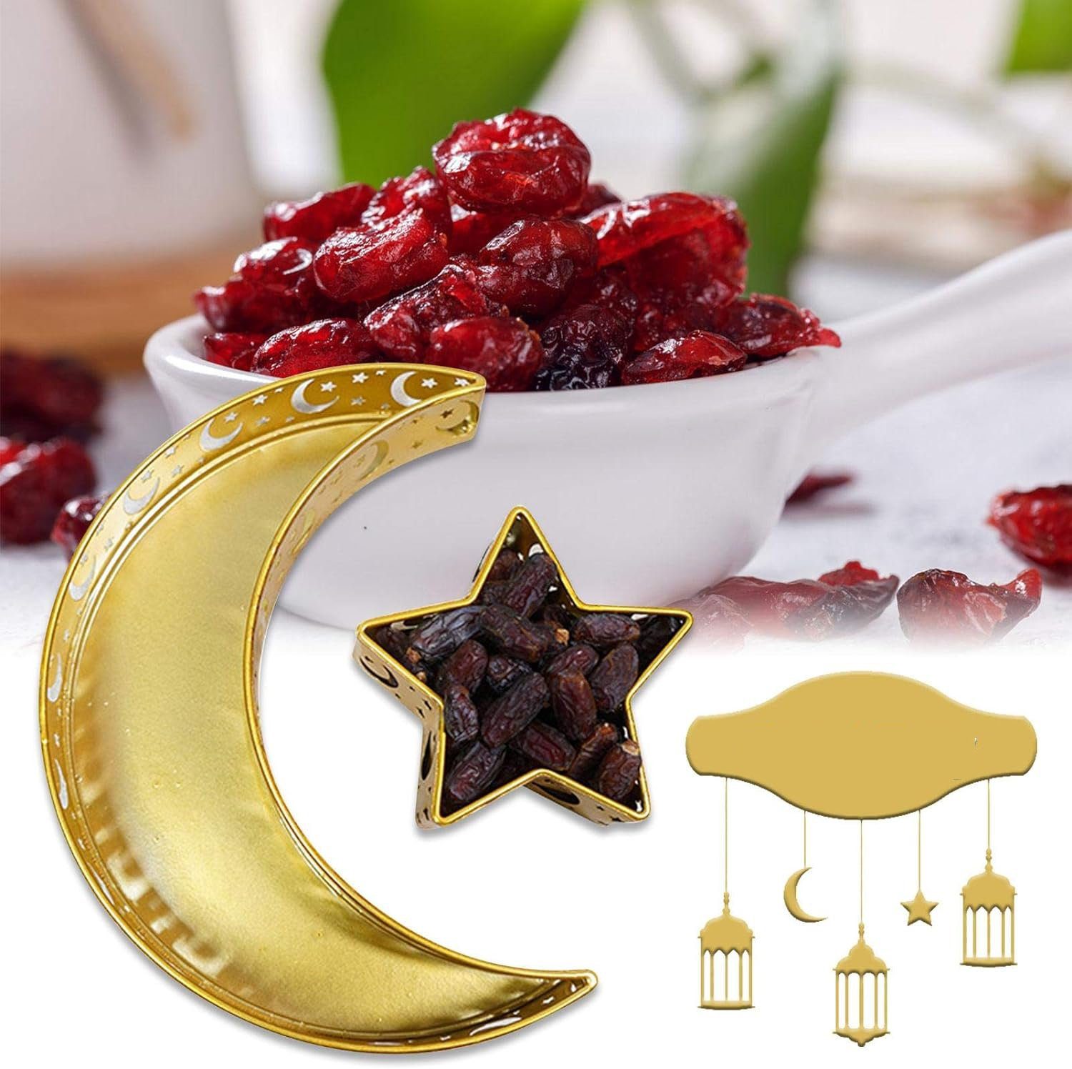 Eid Deko Muslim Tablett,für Tray,Moon Star Tablett Jormftte Home Gold, Weiß2 Food Form
