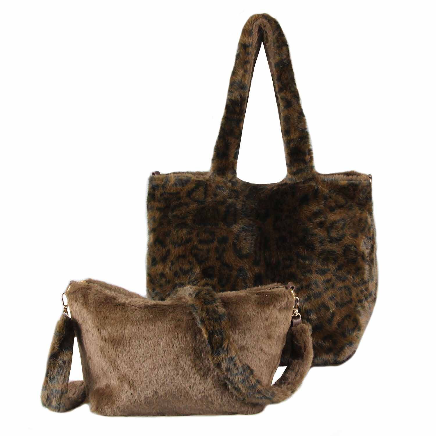 ITALYSHOP24 Schultertasche XXL Damen Leopard Print Tasche Tote Bag PELZTASCHE Shopper Crossbody, Leo Umhängetasche Teddytasche Plüsch Felltasche Weekender Kunstpelz
