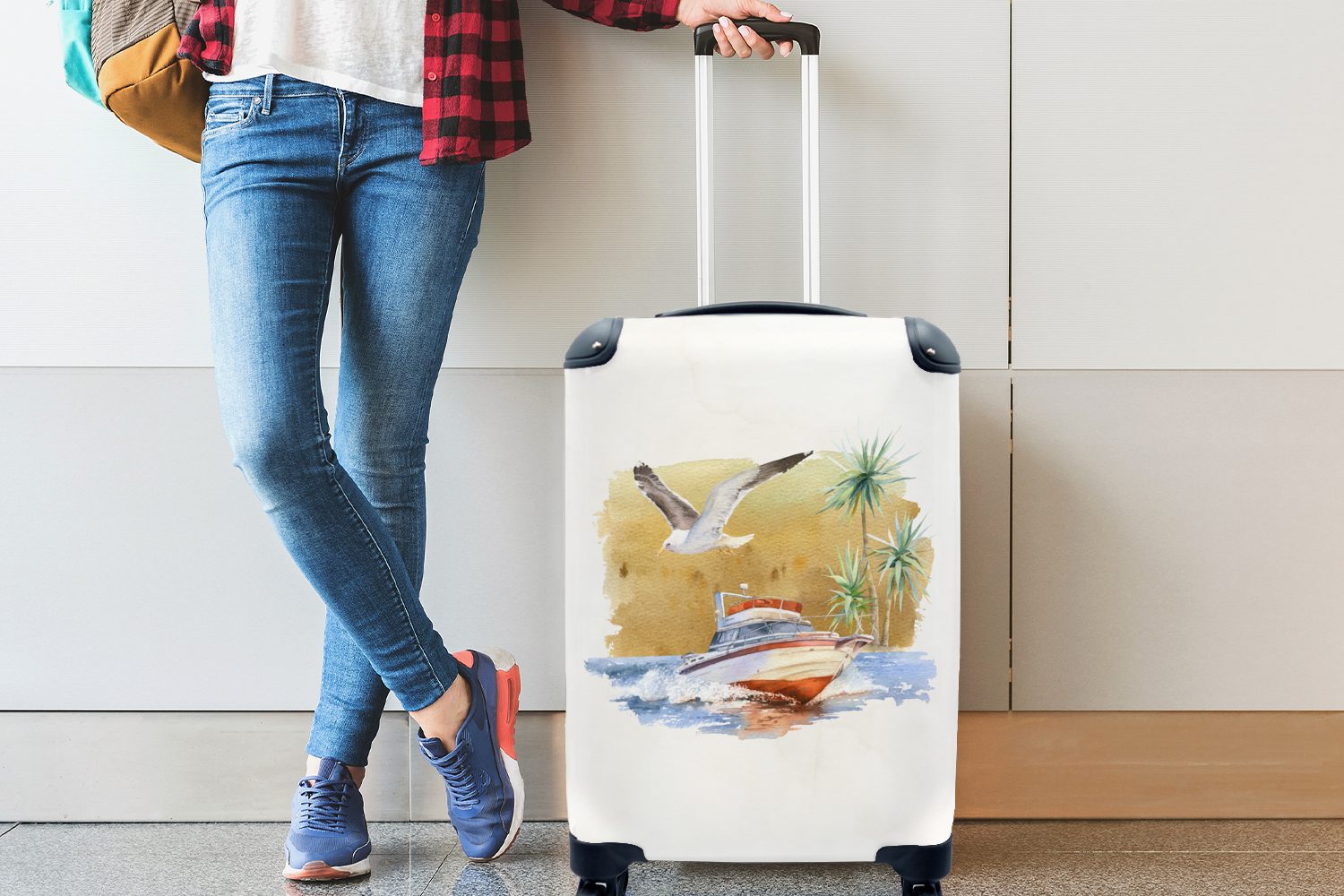 mit - Ferien, Handgepäckkoffer für Palme Vogel, 4 Boot MuchoWow Trolley, - rollen, Handgepäck Rollen, Reisekoffer Reisetasche