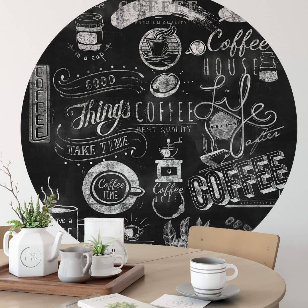 K&L Wall Art Fototapete Fototapete Küche schwarze Kaffee Tafel Coffee Vliestapete Rund Büro, Cafe Tapete, Moderne Vlies-Fototapeten für Büro und Wohnraum, hergestellt in Berlin