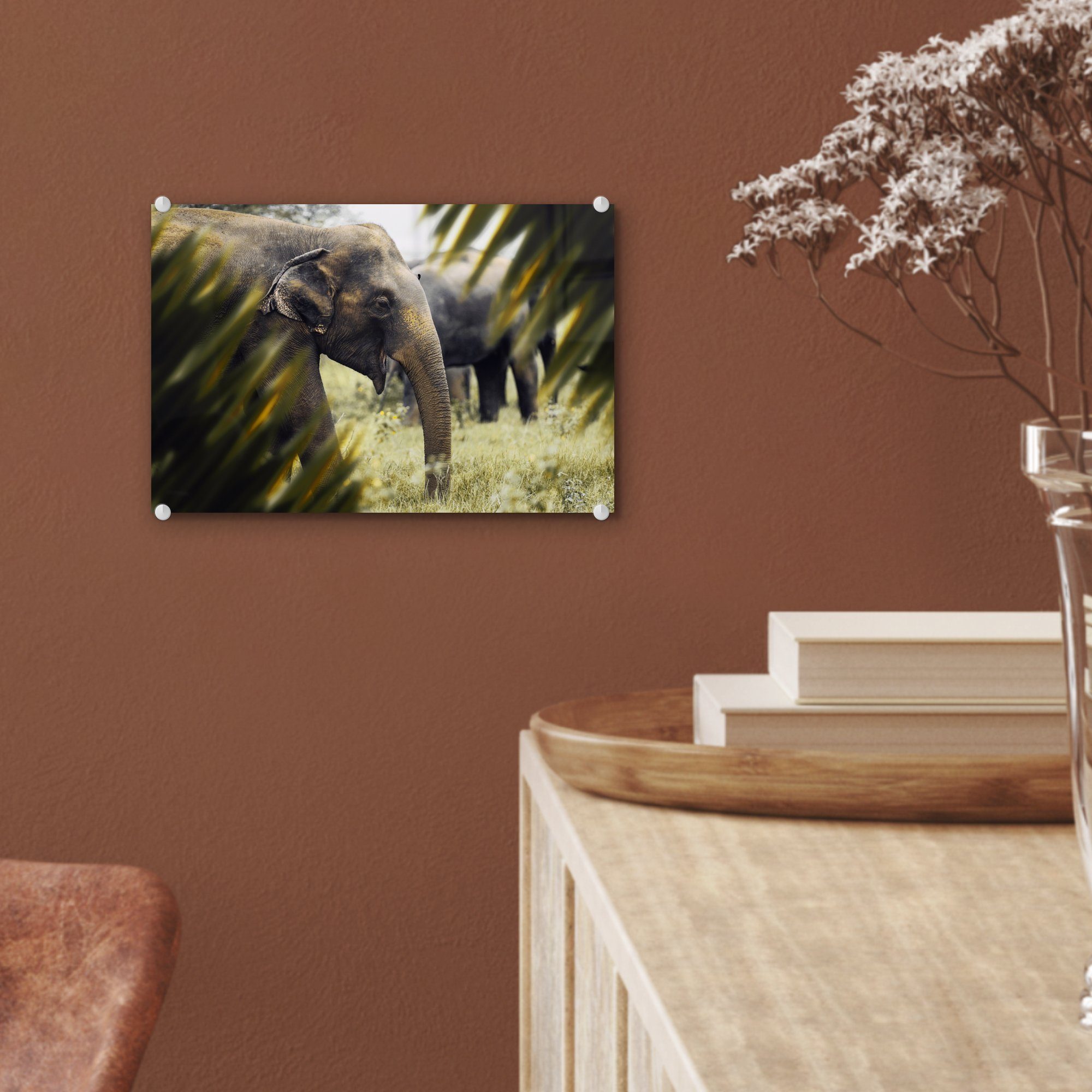 MuchoWow Acrylglasbild Elefant Wandbild Glas Bilder Natur Blätter, - auf - (1 - - auf - Glas Wanddekoration Foto St), Glasbilder
