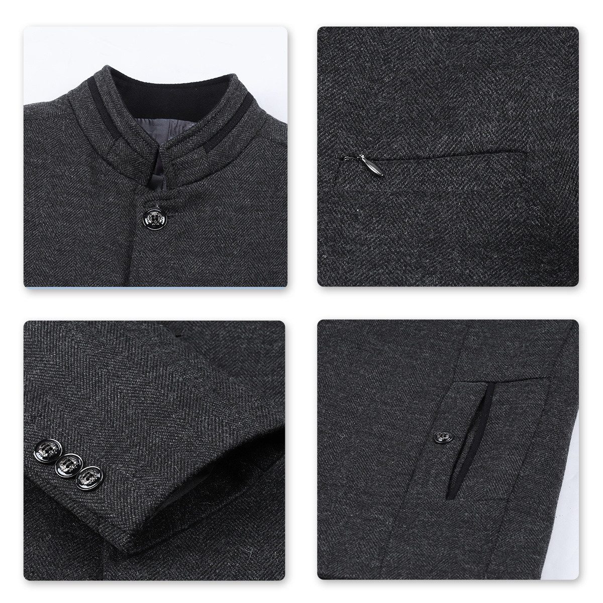 Allthemen Kurzmantel Herren Manteljacke mit Stehkragen Wollmantel Winter Business Jacke