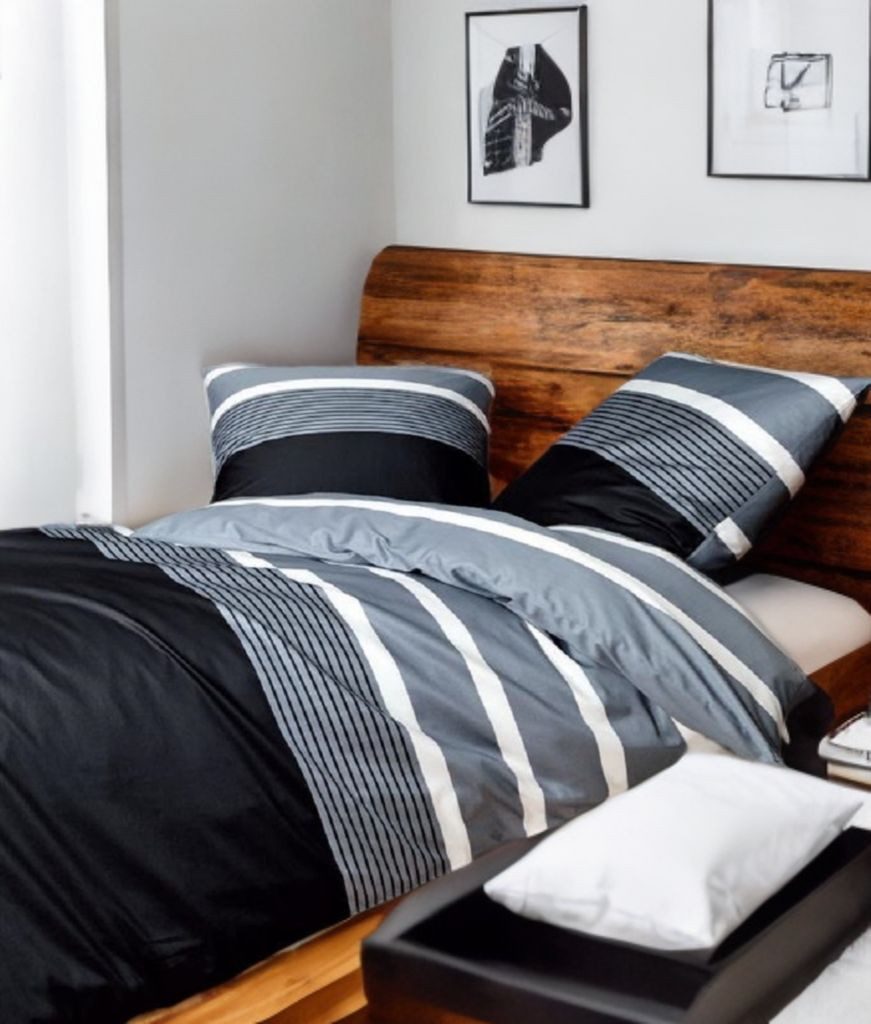 soma Bettwäsche Bettbezug 135x200 80x80 gestreift schwarz silber Streifen bieber warm, Biber, 2 teilig, Warme Biber Flanell Bettwäsche 135x200 Herbst Winter kuschelig weich