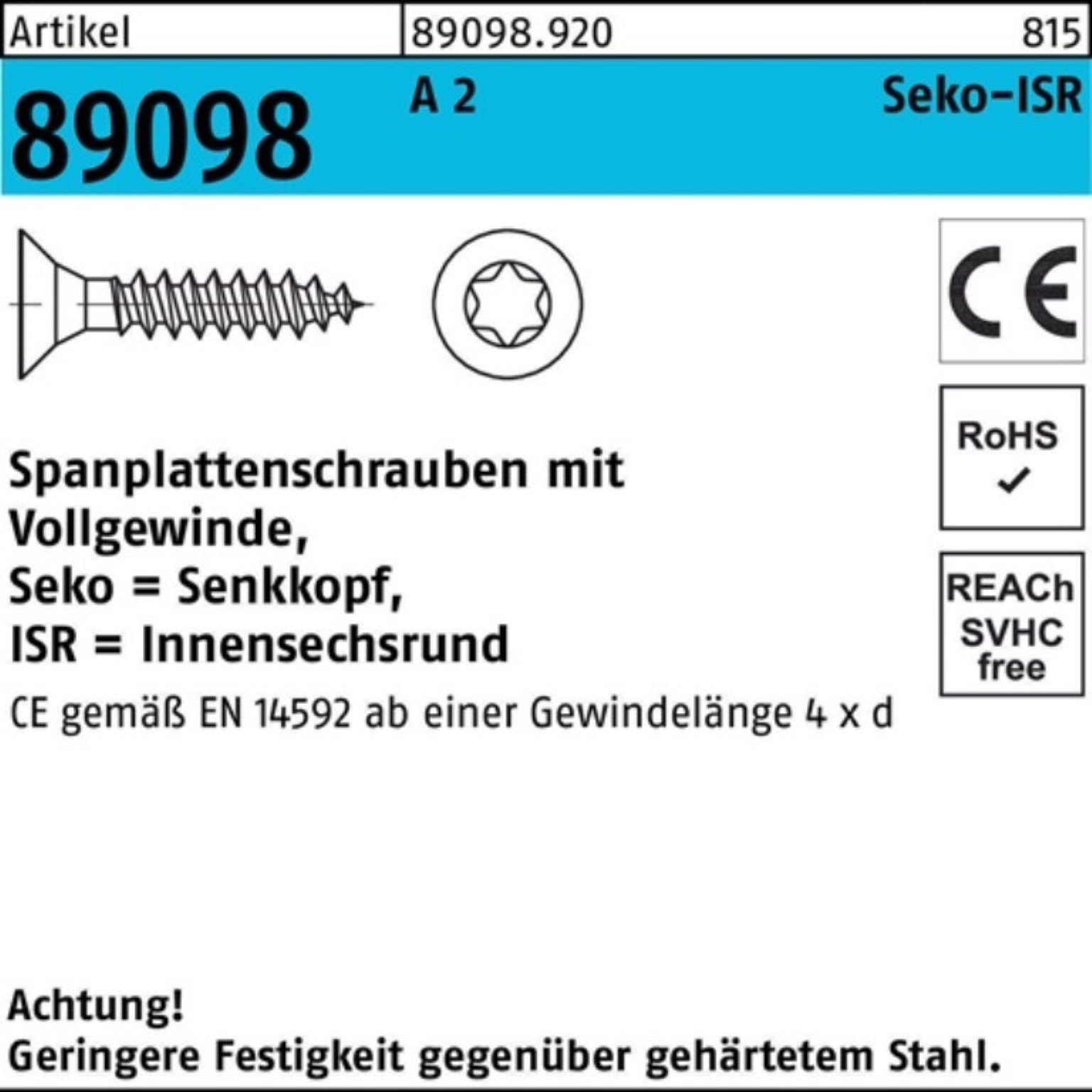 Reyher Spanplattenschraube 1000er Pack Spanplattenschraube 89098 1000 VG 40-T10 SEKO R 3x ISR A 2