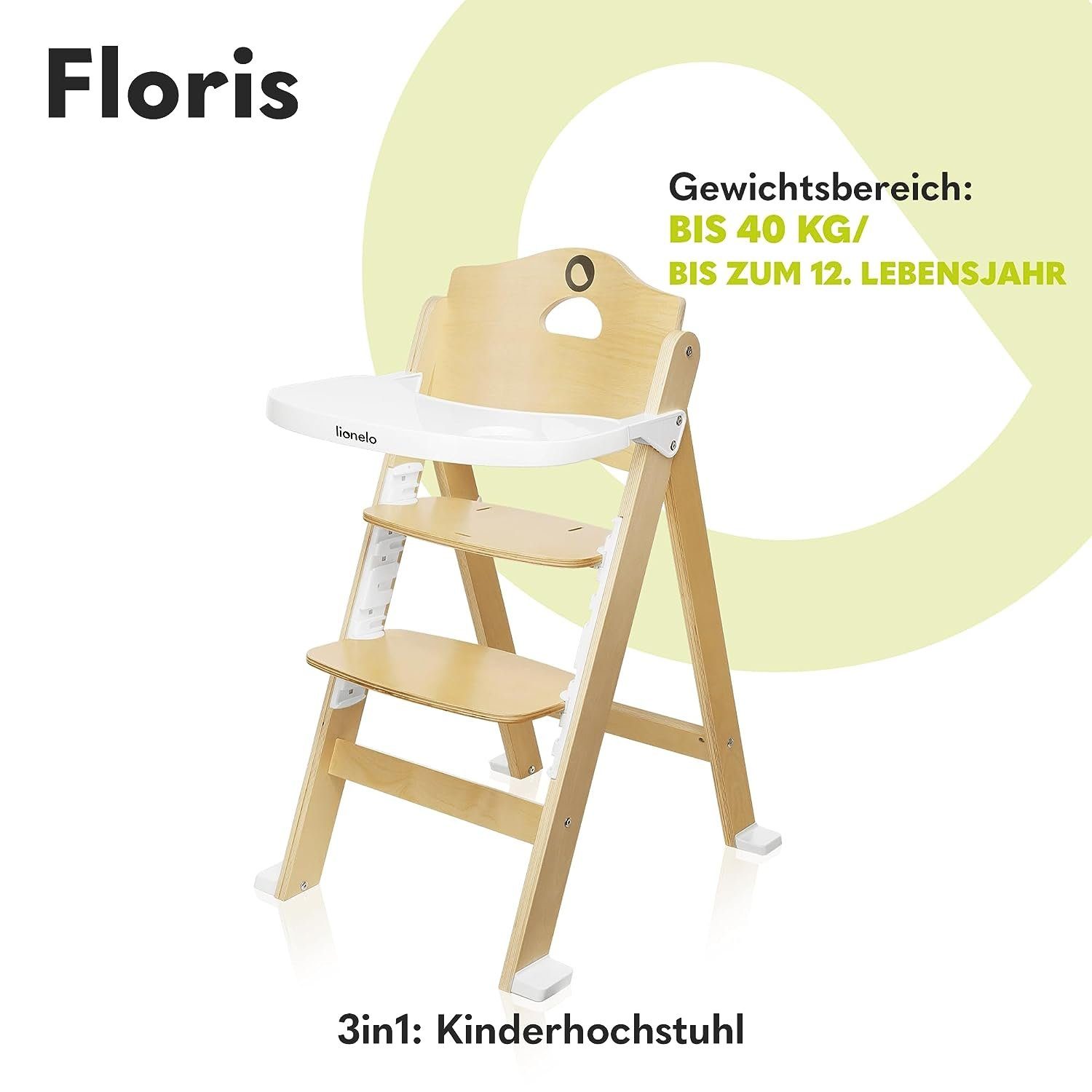 lionelo Hochstuhl Floris 3-in-1 Mitwachsender, bis Hochstuhl (HOLZ), höhenverstellbarer, HOLZ, Gurt, 40kg Transparent mit
