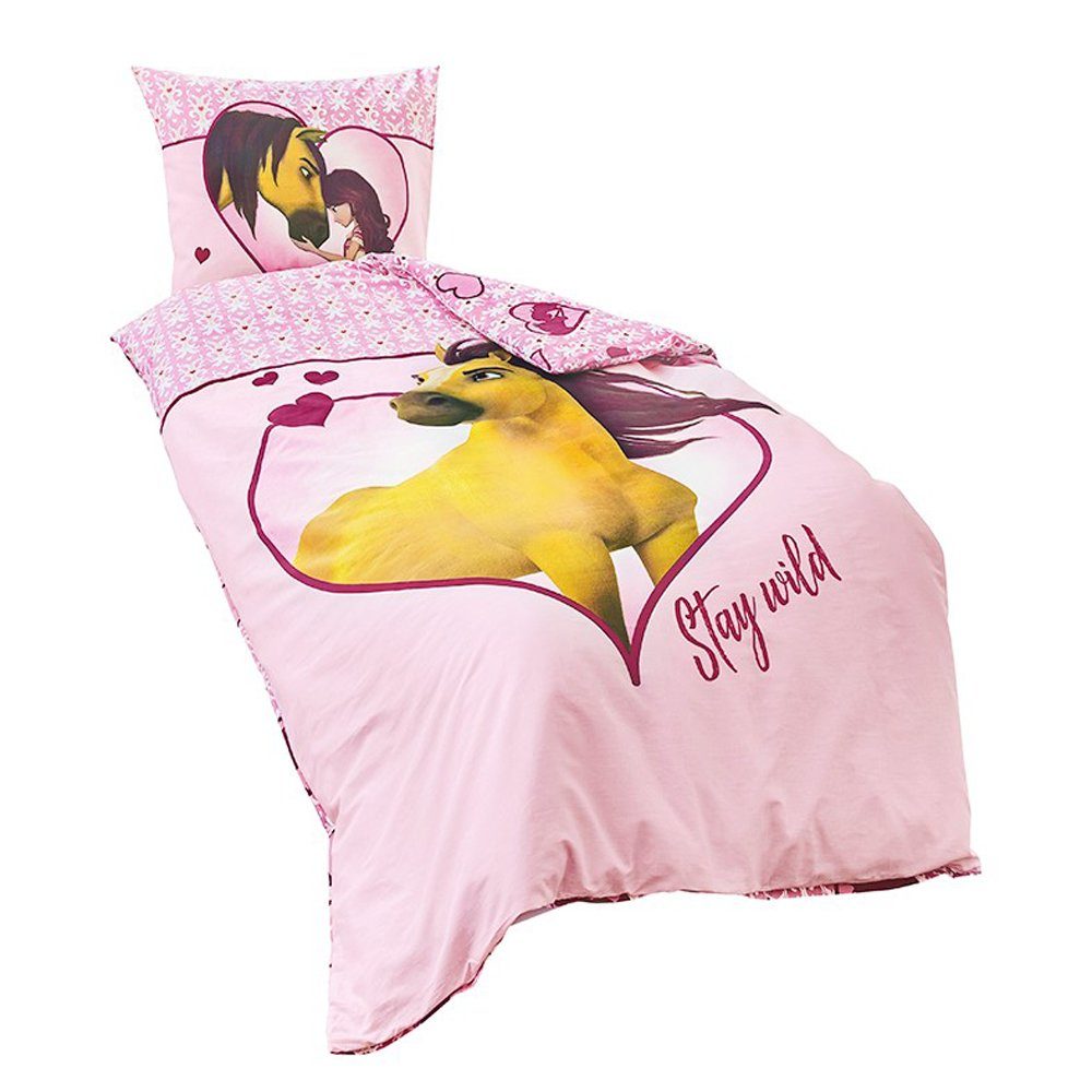 JACK Kinderbettwäsche JACK Linon / Renforcé Bettwäsche 135x200cm 2 tlg. Pferd Spirit Rosa, Renforcé, 2 teilig, lizenzierte Wendebettwäsche für Pferdefans, Pferd, Herzen, Baumwolle