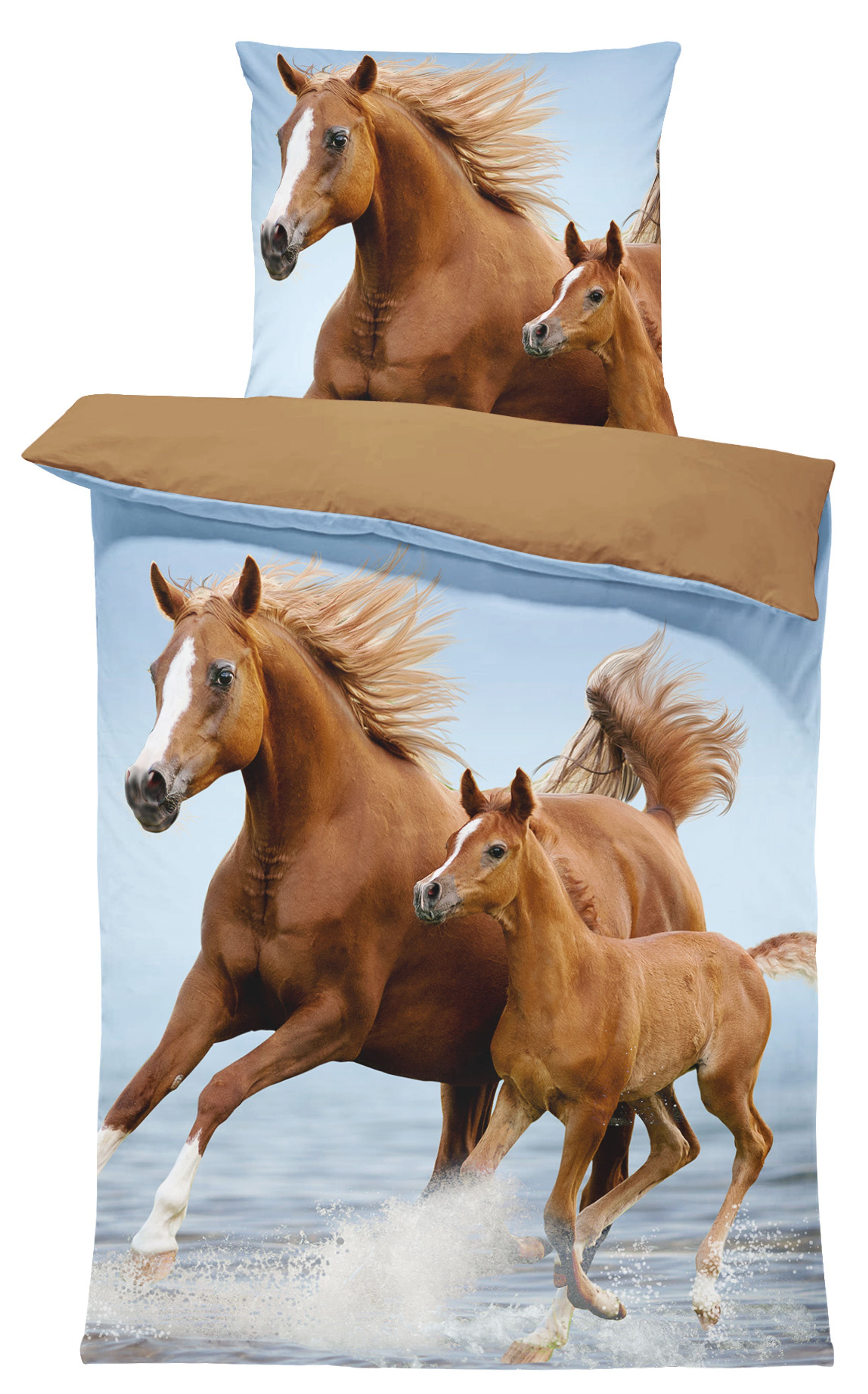 Bettwäsche Pferde, One Home, Mikrofaser, 2 teilig, Pferd und Fohlen im Wasser, auch geeignet als Kinderbettwäsche