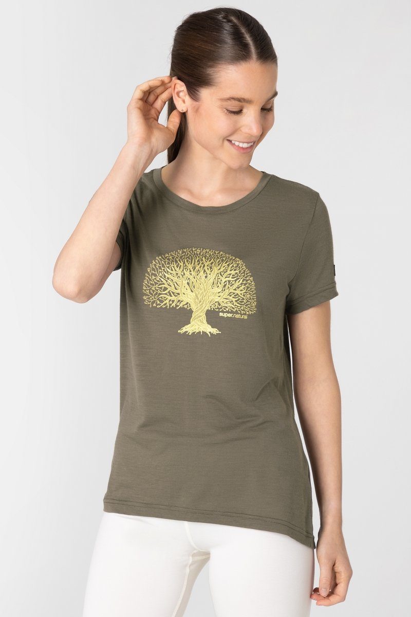 SUPER.NATURAL Print-Shirt Merino T-Shirt W TREE OF KNOWLEDGE TEE geruchshemmender Merino-Materialmix Stone Grey/Gold