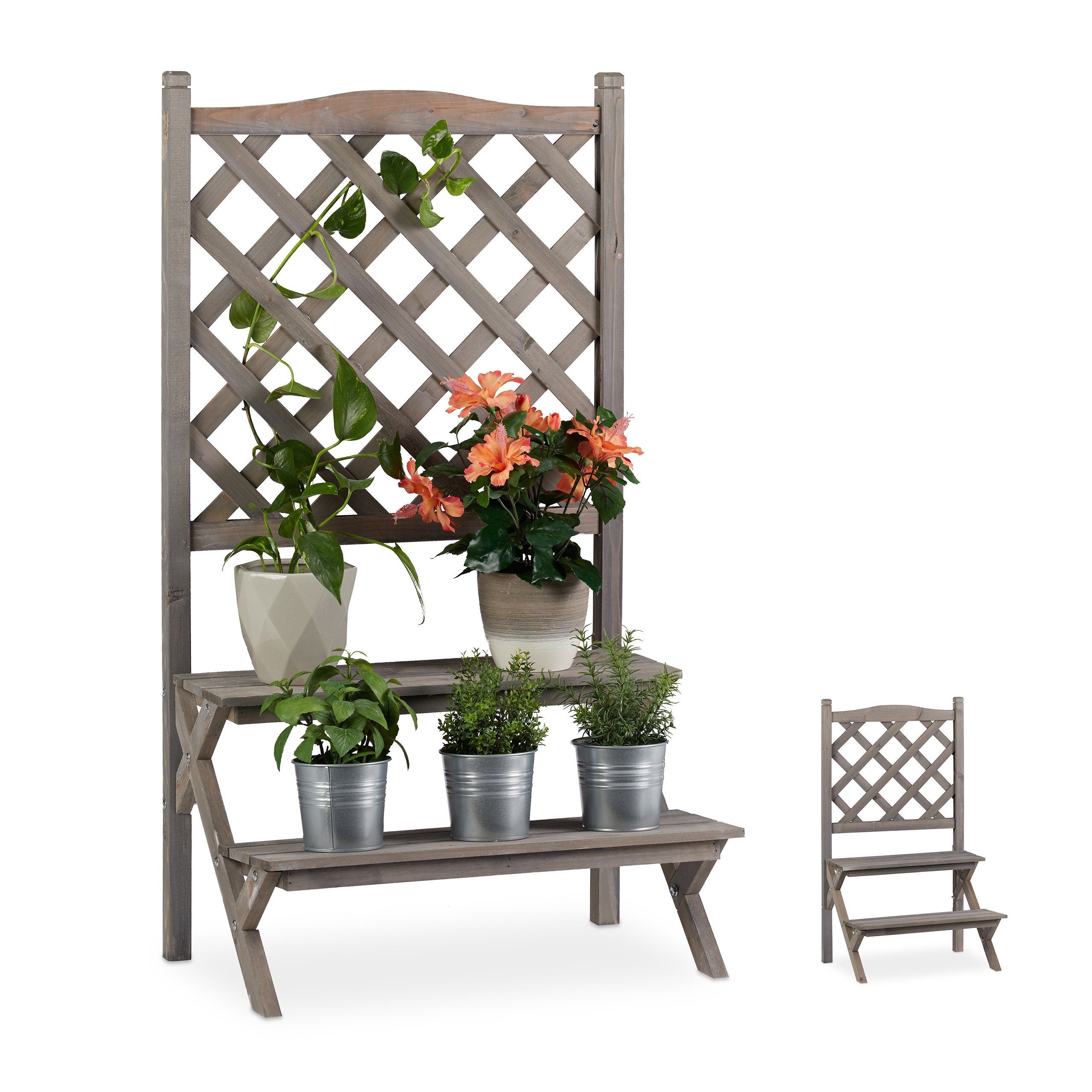 relaxdays Blumenständer Blumentreppe mit Rankgitter grau, günstig online kaufen