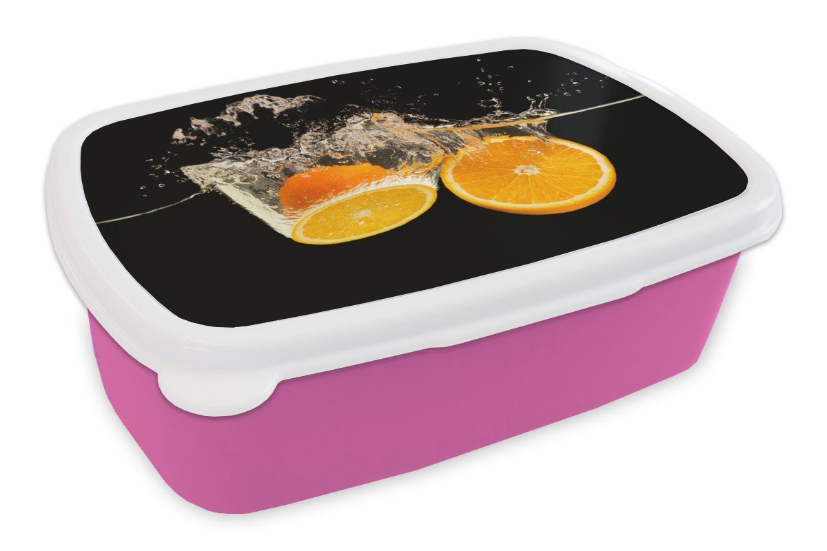 MuchoWow Lunchbox Orange - Stillleben - Wasser - Schwarz - Obst, Kunststoff, (2-tlg), Brotbox für Erwachsene, Brotdose Kinder, Snackbox, Mädchen, Kunststoff rosa
