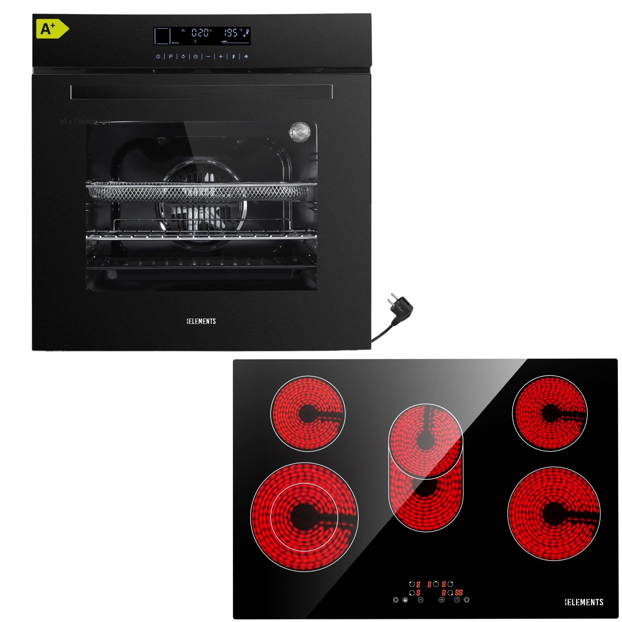 KB Elements Elektro-Herd-Set Einbaubackofen 60 cm mit 5-Zonen Glaskeramik Kochfeld 77 cm, mit 2-fach-Teleskopauszug, AQUA CLEAN, Einbaubackofen Full Touch mit 15 Funktionen, Air Fry Funktion