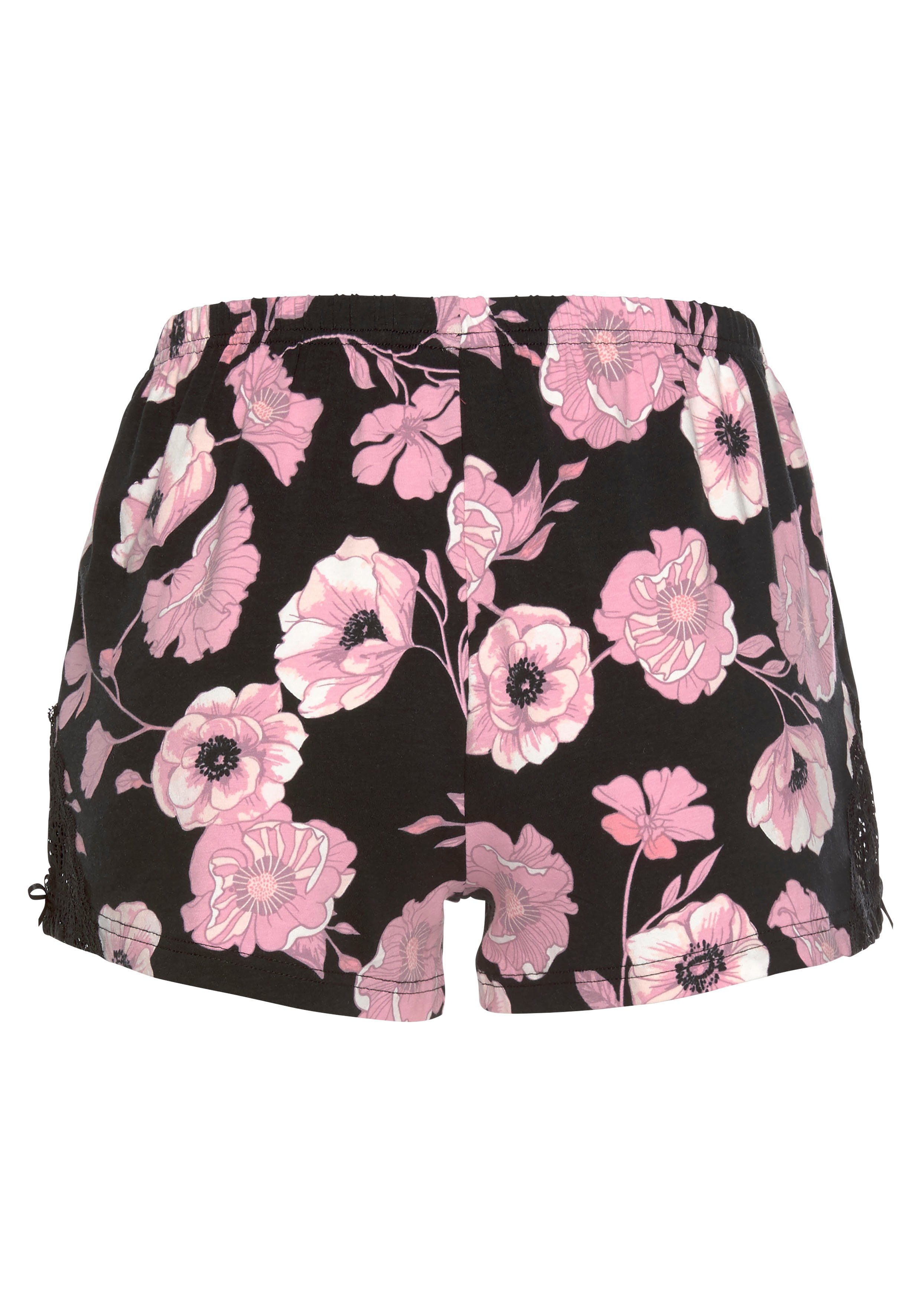 rosa-schwarz-geblümt-gemustert Spitzeneinsätzen LASCANA Shorts mit