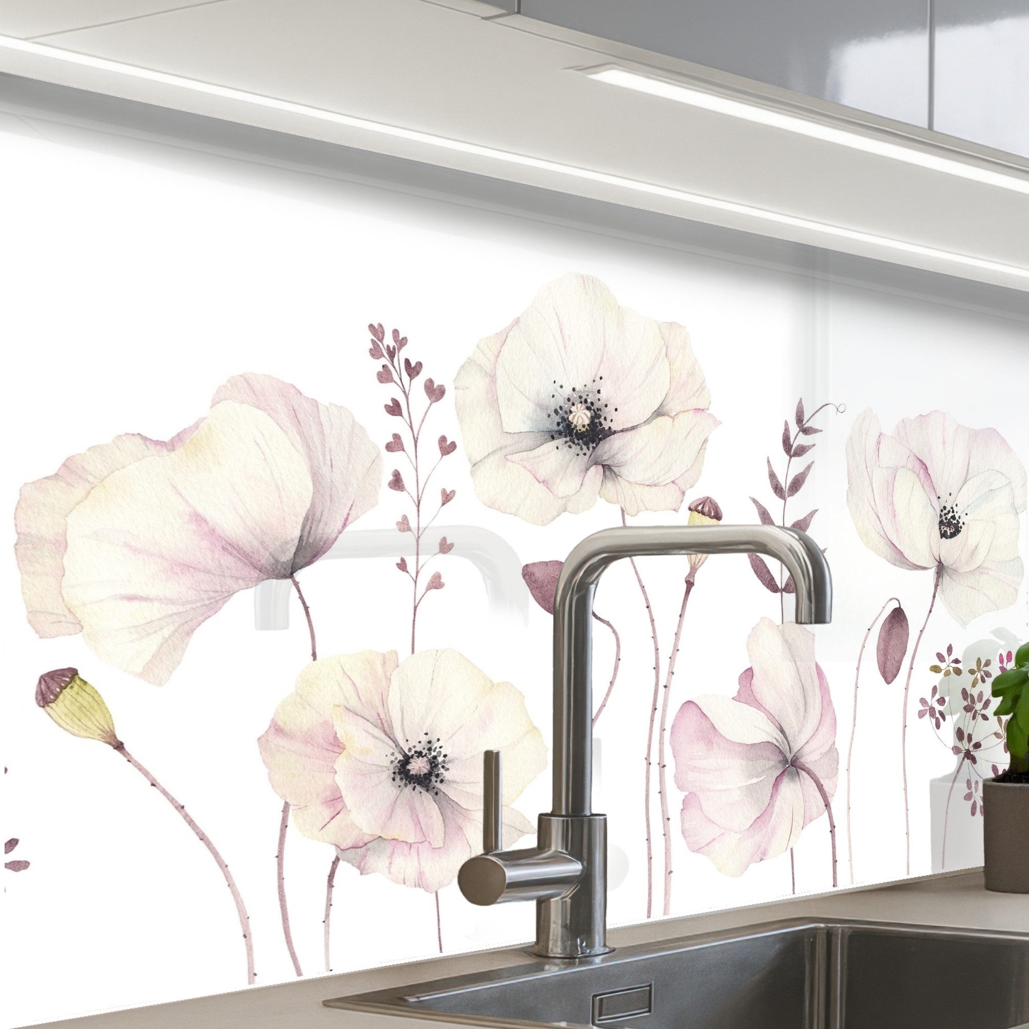 KitchenYeah Küchenrückwand Muster selbstklebend (keine Folie) Blumen - Pastell - Pflanzen - Weiß, (1-tlg), Spritzschutz, Küche, Rückwand, Küchenwand, Küchenfront, 30x20 cm