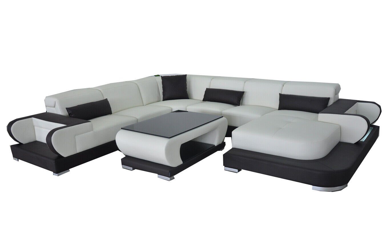 JVmoebel Ecksofa Couch Ecksofa mit USB Leder Wohnlandschaft Garnitur Modern Sofa+Tisch, 2 Teile Weiß