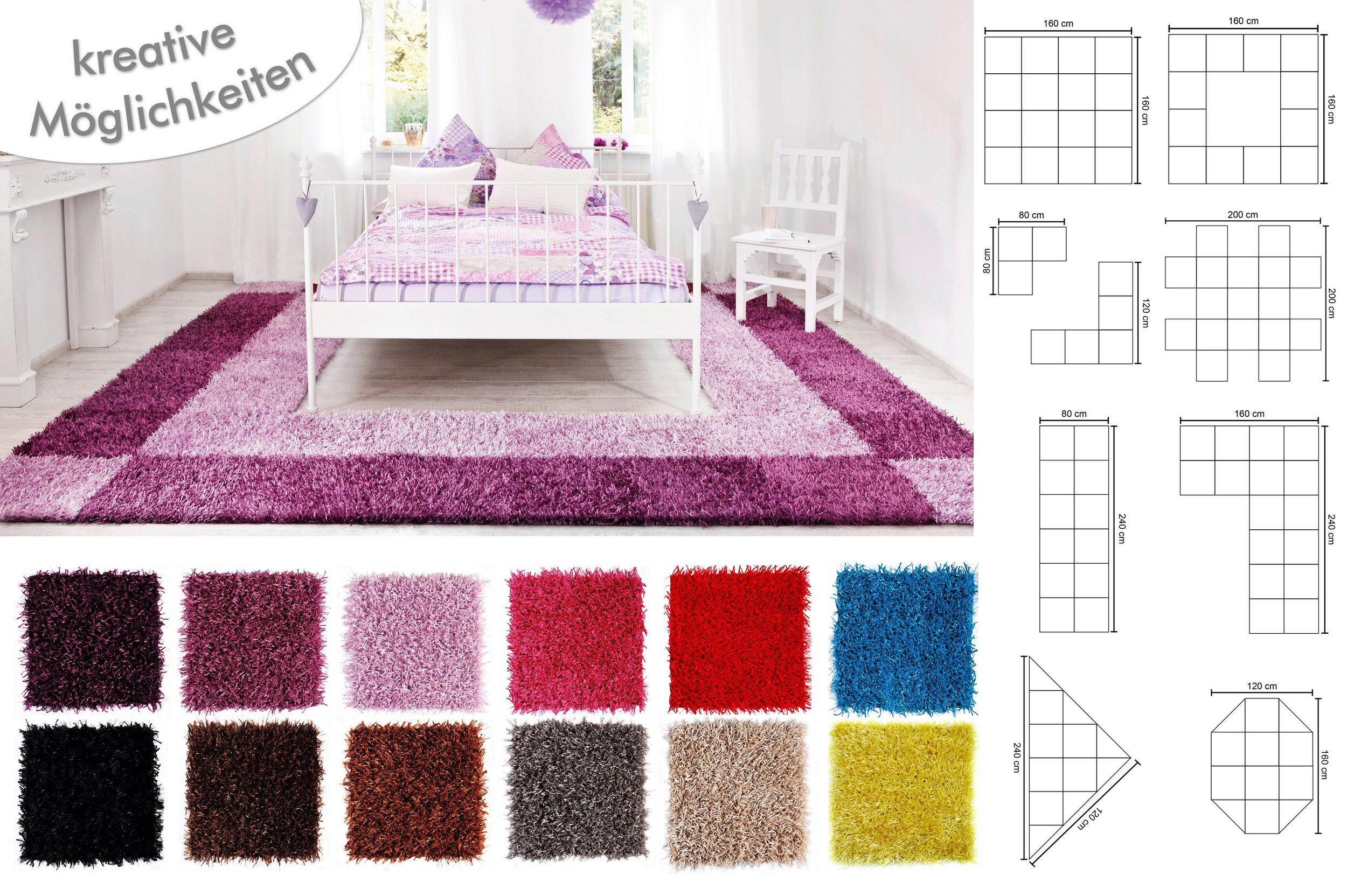 Hochflor-Teppich DIY - kreativ zusammenstellbar, Andiamo, quadratisch, Höhe: 40 mm, Teppichfliesen 40 x 40 cm