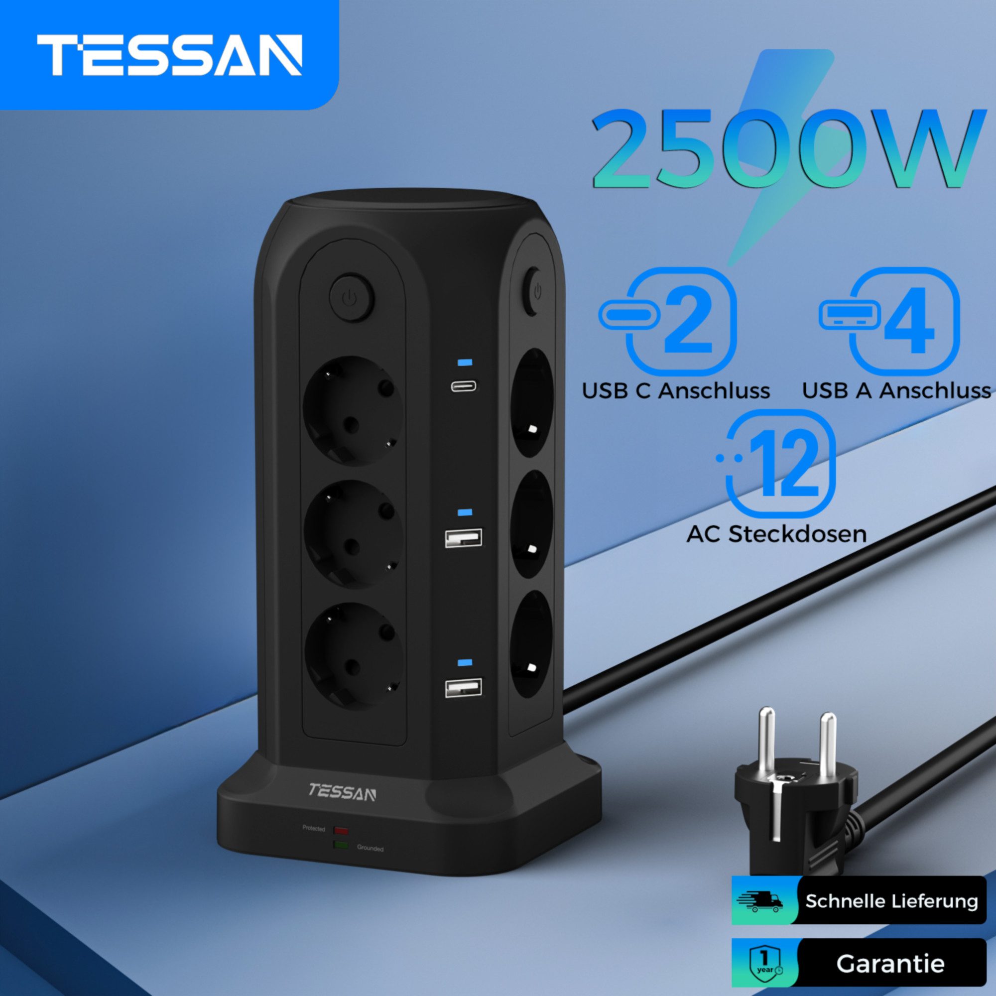 TESSAN 12 Fach Mehrfachsteckdose mit 3 USB(2 USB-A/1 USB-C) Kabel 2/5m Mehrfachsteckdose (USB-Anschlusse, Ein-/Ausschalter, Kabellänge 2 m)