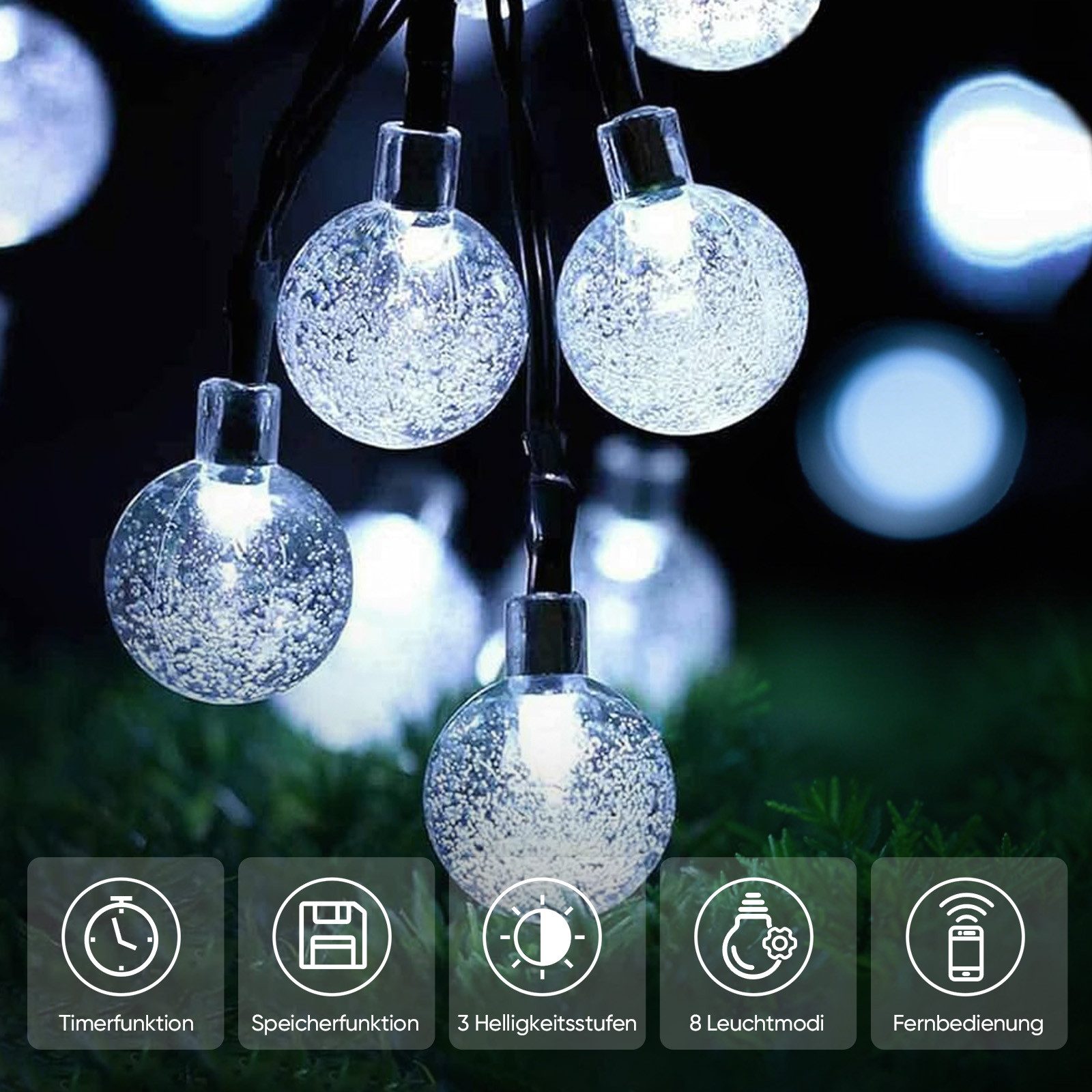 Salcar LED Solarleuchte LED Kugel-Lichterkette Außen Solar Gartenleuchte Weihnachtsdeko, USB & Solar /3 Helligkeitsstufen/8 Leuchtmodi/Timerfunktion