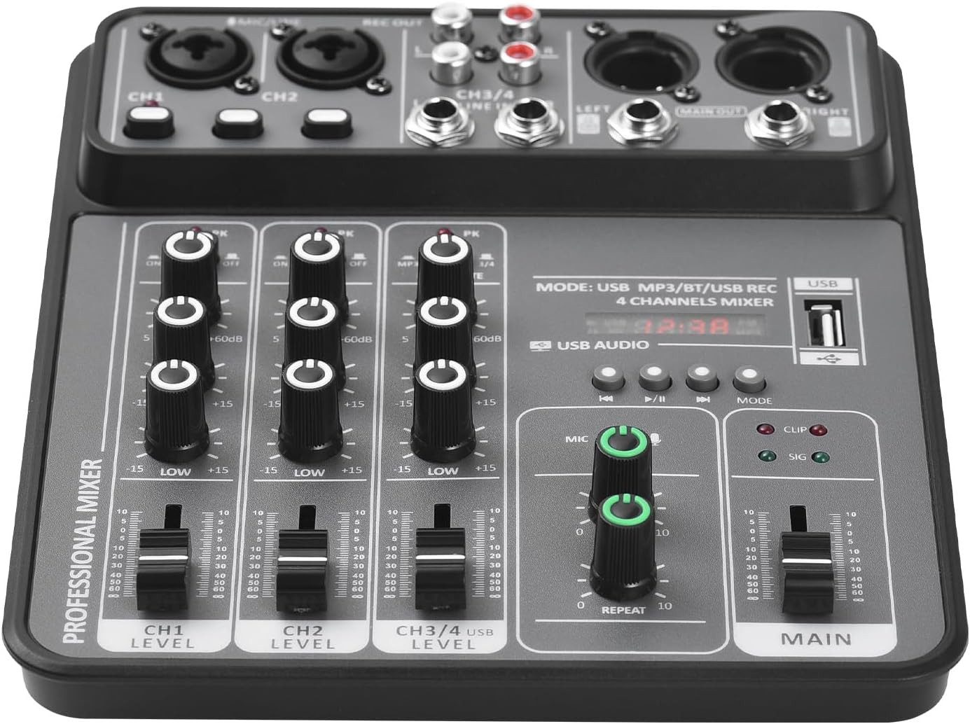 nsihing Mischpult 4-Kanal Audio Mischpult mit 48V Phantomspeisung, Bluetooth, USB Aufnahme & Type-C Stromversorgung – Kompaktes Sound Mixer Board