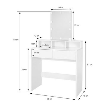 ML-DESIGN Schminktisch Frisiertisch Frisierkommode Schminkkommode Make-up Tisch Kosmetiktisch, LED-Beleuchtung mit Spiegel und 2 Schubladen 80x40x140cm Weiß modern