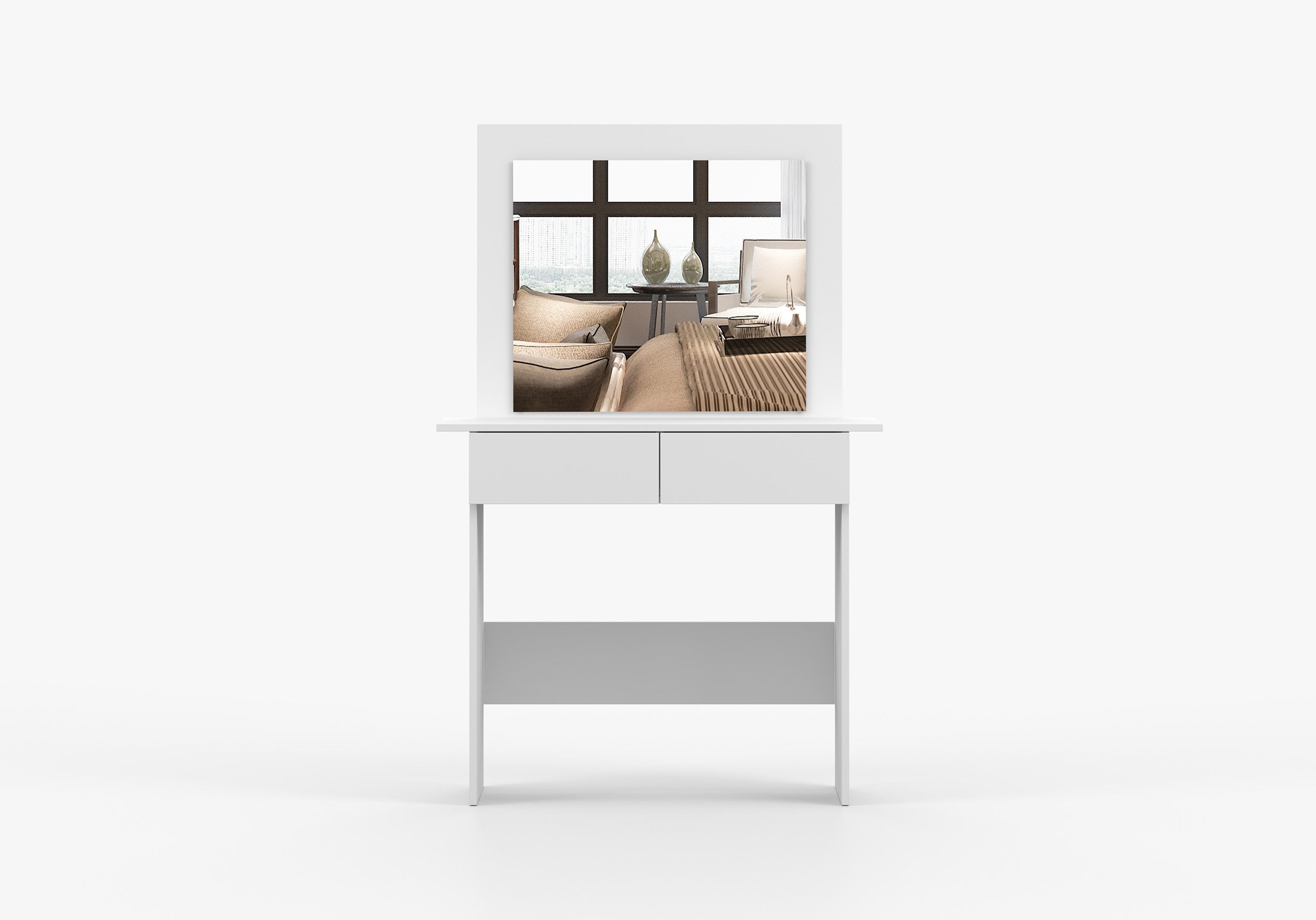 MOEBLO Schminktisch RIN (mit LED-Beleuchtung und Spiegel, Kosmetiktisch mit 2 Schubladen, modern, Weiß / Eiche Sonoma, Frisiertisch, Schminktisch, Kosmetiktisch, Spiegel), (BxHxT): 94x145x43 cm, Großer Spiegel 60 x 70 cm