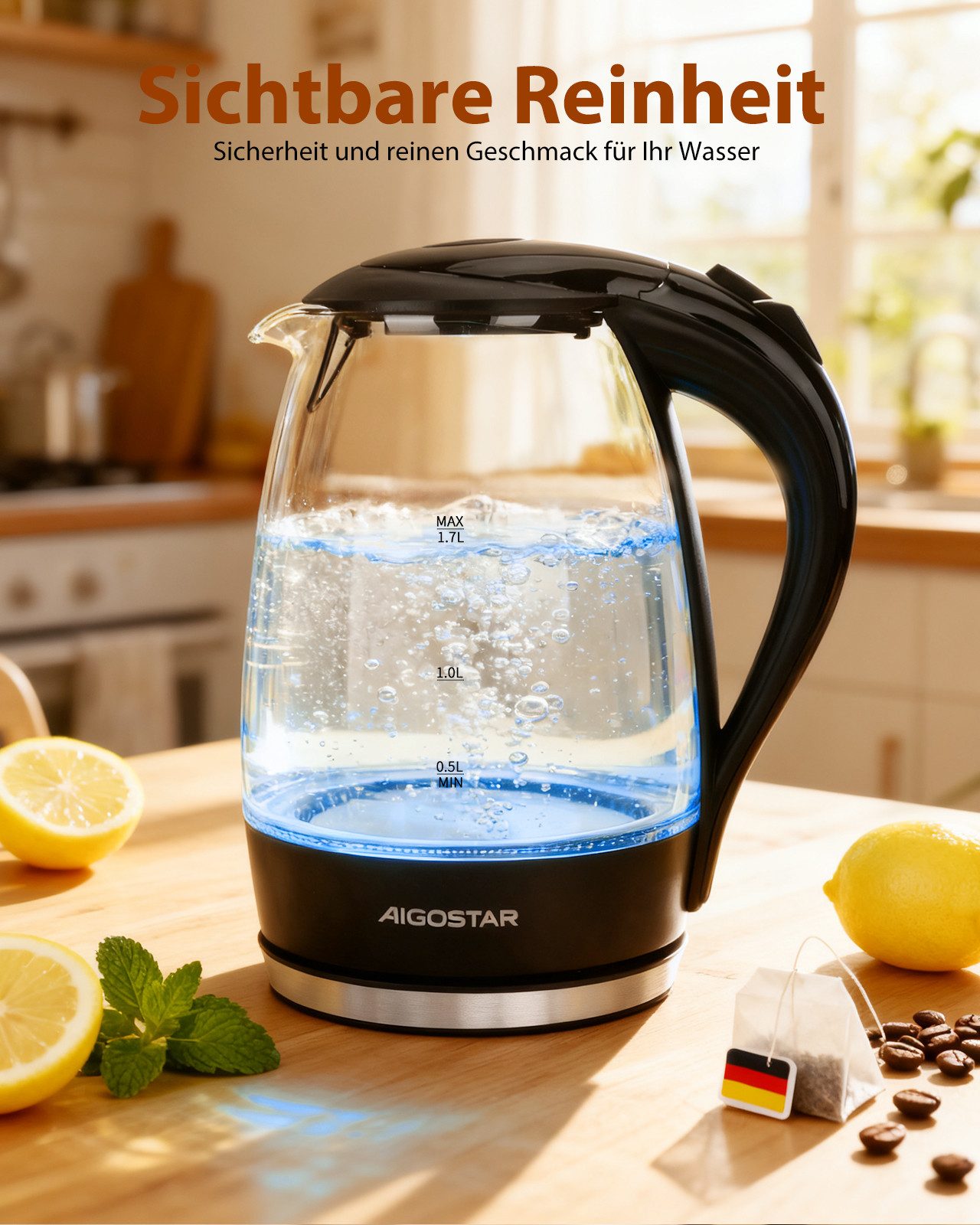 Aigostar Wasserkocher Glas mit Kalkfilter, Glaswasserkocher LED-Beleuchtung, 100% BPA Frei, 1.7 l, 2200,00 W, 360° Edelstahl Sockel, Trockenaufschutz