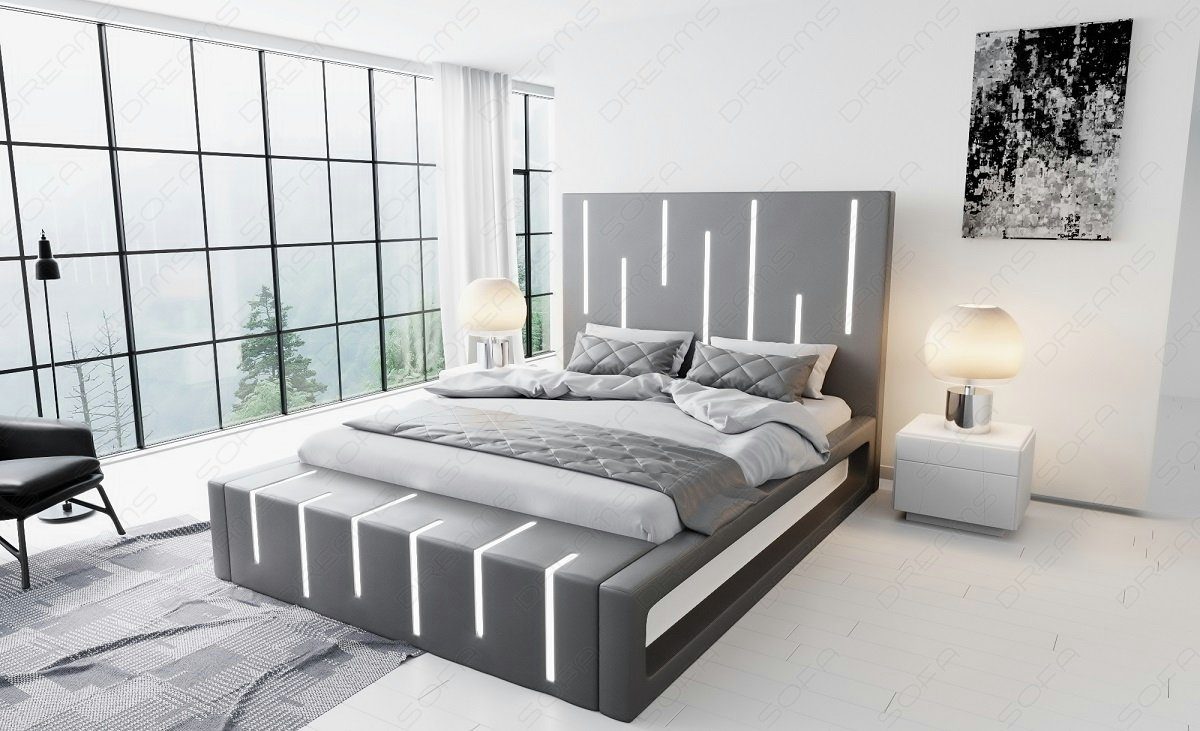 Bett mit Premium Kunstleder mit Beleuchtung, Sofa Boxspringbett LED Topper Dreams grau-weiß Komplettbett Milona