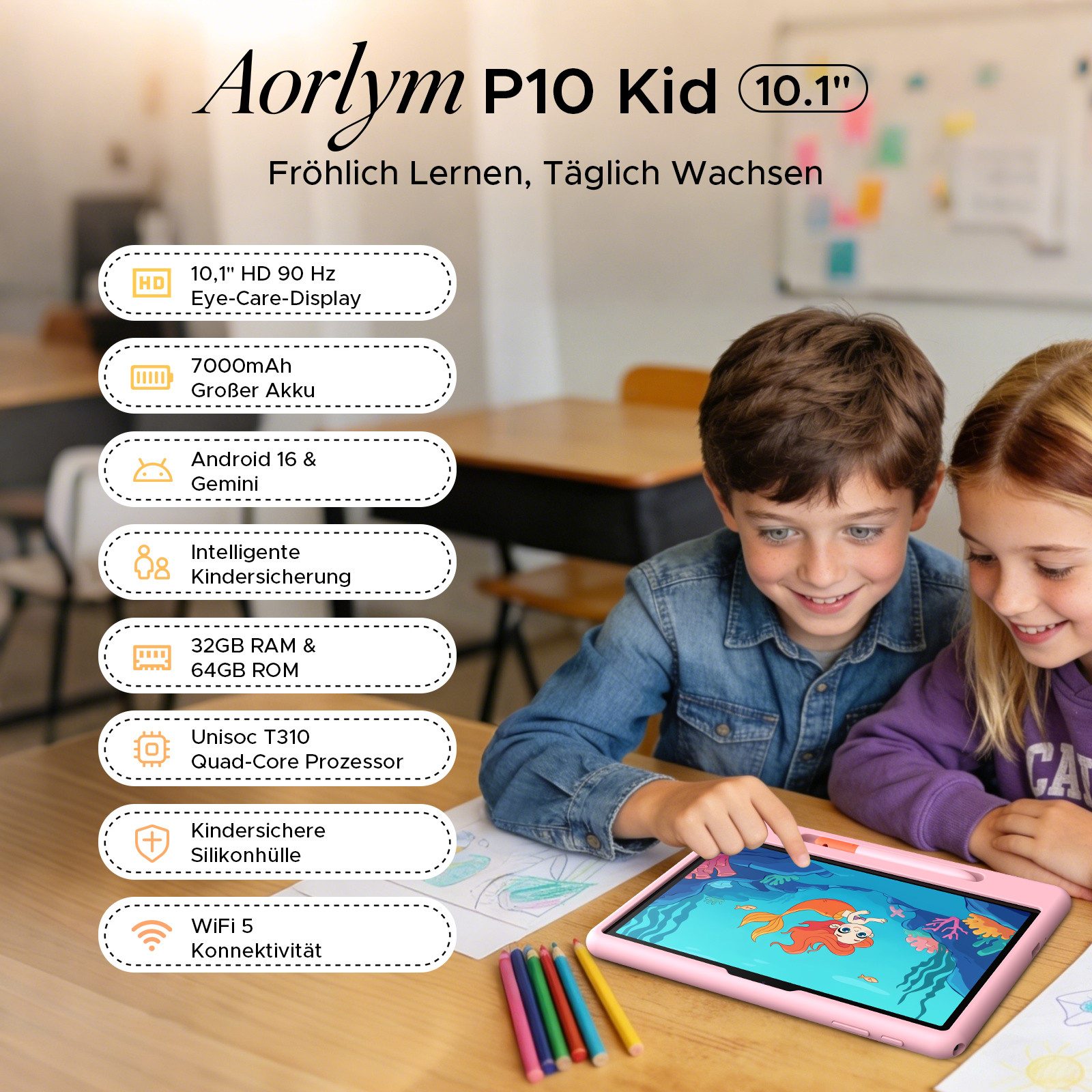 Aorlym AP10 Kid Kinder Tablet 10 Zoll, Android 16, 90Hz, Gemini AI, 64GB ROM Tablet (10.1", 64 GB, Android 16, WiFi, 7000mAh, WiFi5, OTG, Face ID, Tablet mit Kinderschutzhülle und Stift)