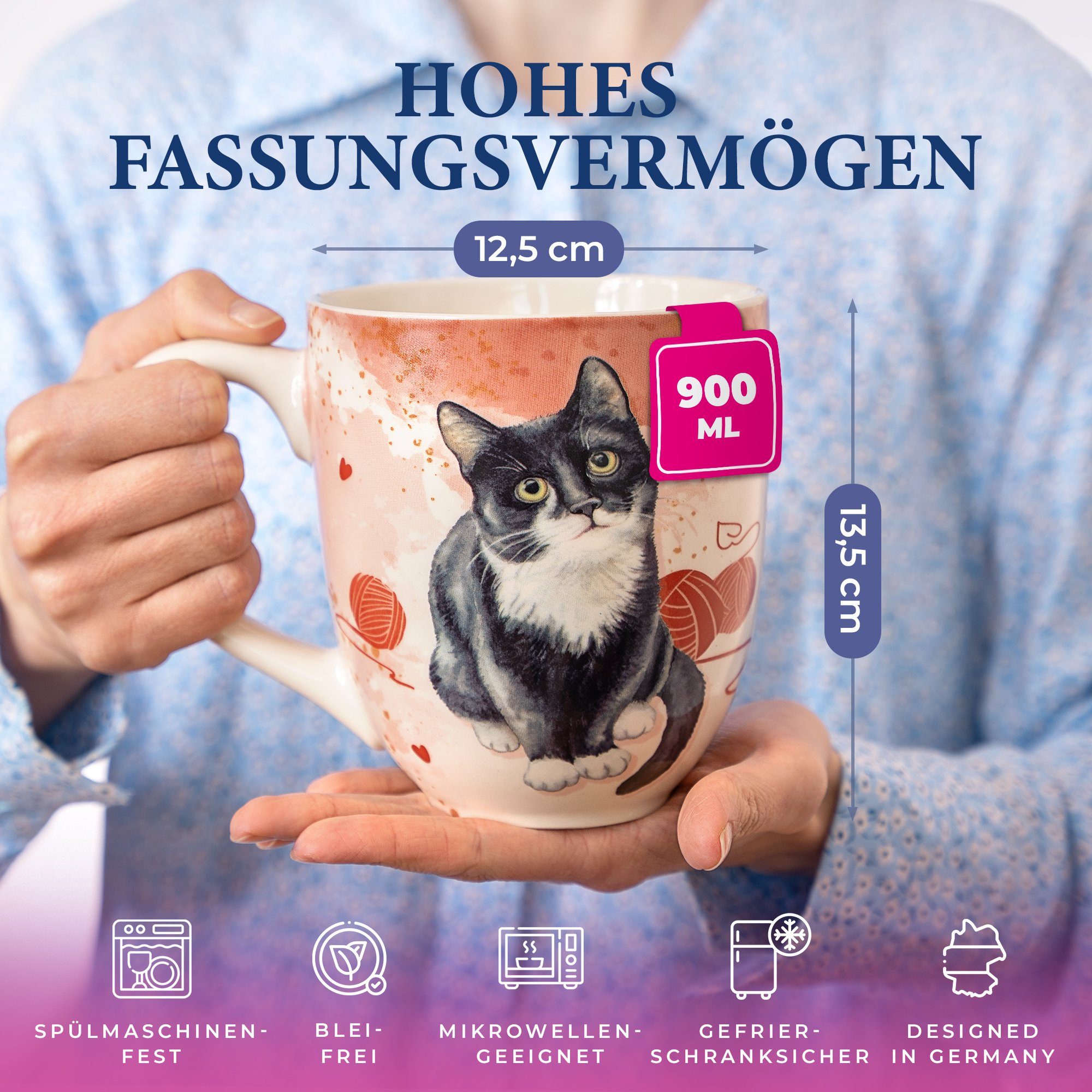 900ml 4-teiliges mit hochwertiges Katzen Große Motiv Yang Jumbotasse Teetasse, XXL Fassungsvermögen, Teeset Porzellan, Chai Tasse mit