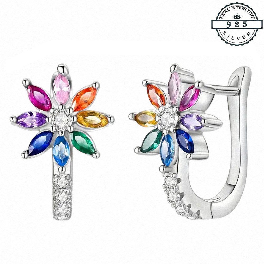 Taffstyle Paar Creolen 925 Sterling Silber Ohrringe Damen Creolen Blume Zikonia Kristall bunt (Hübsche Creolen aus 925 Silber - Geschenkidee für Weihnachten, Geburtstag und Valentinstag, 1 Paar Creolen mit Zirkonia Kristallen)