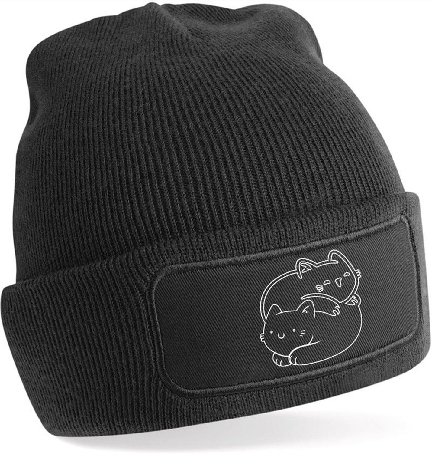 Strickmütze für kalte Tage - Beanie mit Umschlag und YinYang Katzen Print
