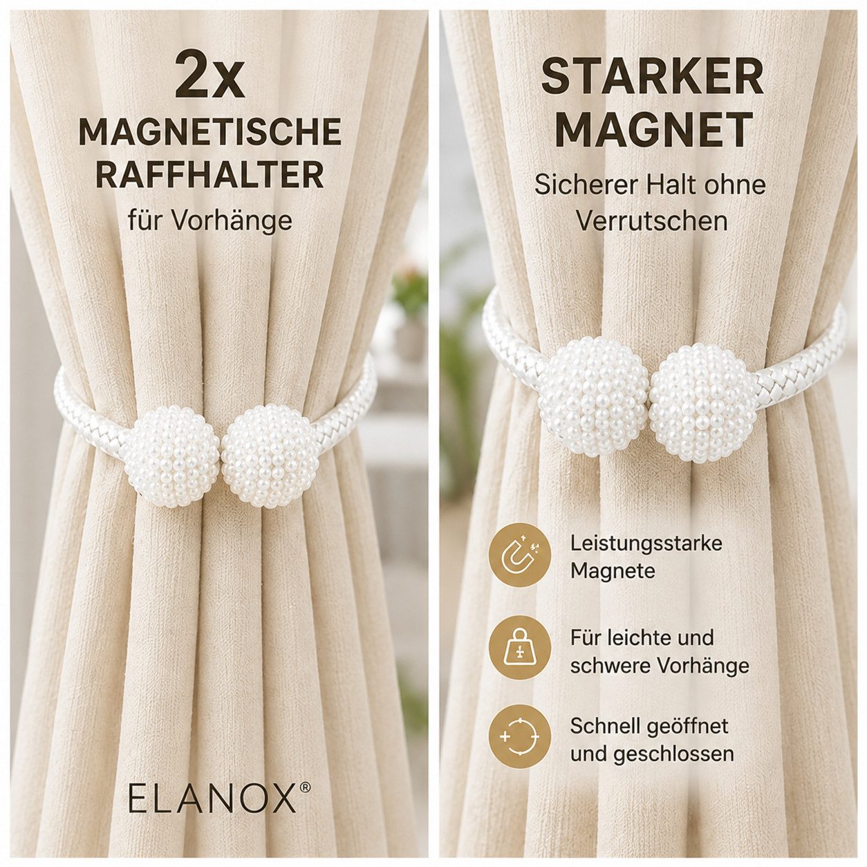 ELANOX Raffhalter ELANOX Magnetische Raffhalter 2er Set mit Perlen für Vorhänge, alle Gardinen, (2 Stück) – Bild 4 von 5