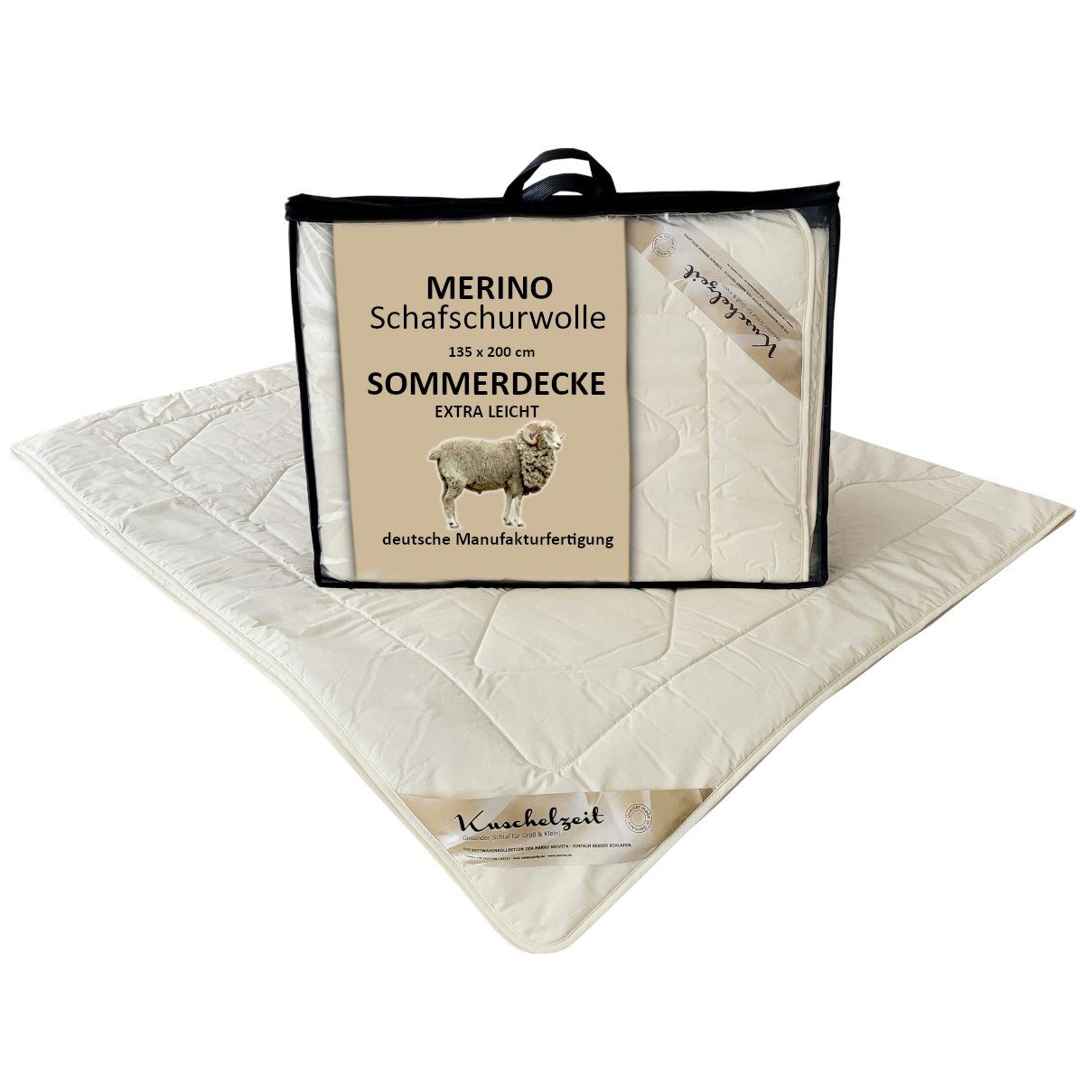 Meivita Naturhaarbettdecke Merino Schafschurwolle extra leichte Sommerdecke, Füllung: 100% Wolle, Bezug: 100% Baumwolle, Bettdecke Hergestellt in Deutschland