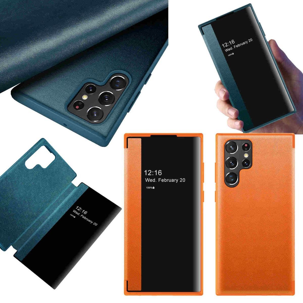 Handyhülle Für Samsung Galaxy S23 Ultra 5G View Mirror Smartcover Orange Schutzhülle Cover Etuis Tasche Hülle Neu Case Wake UP Funktion
