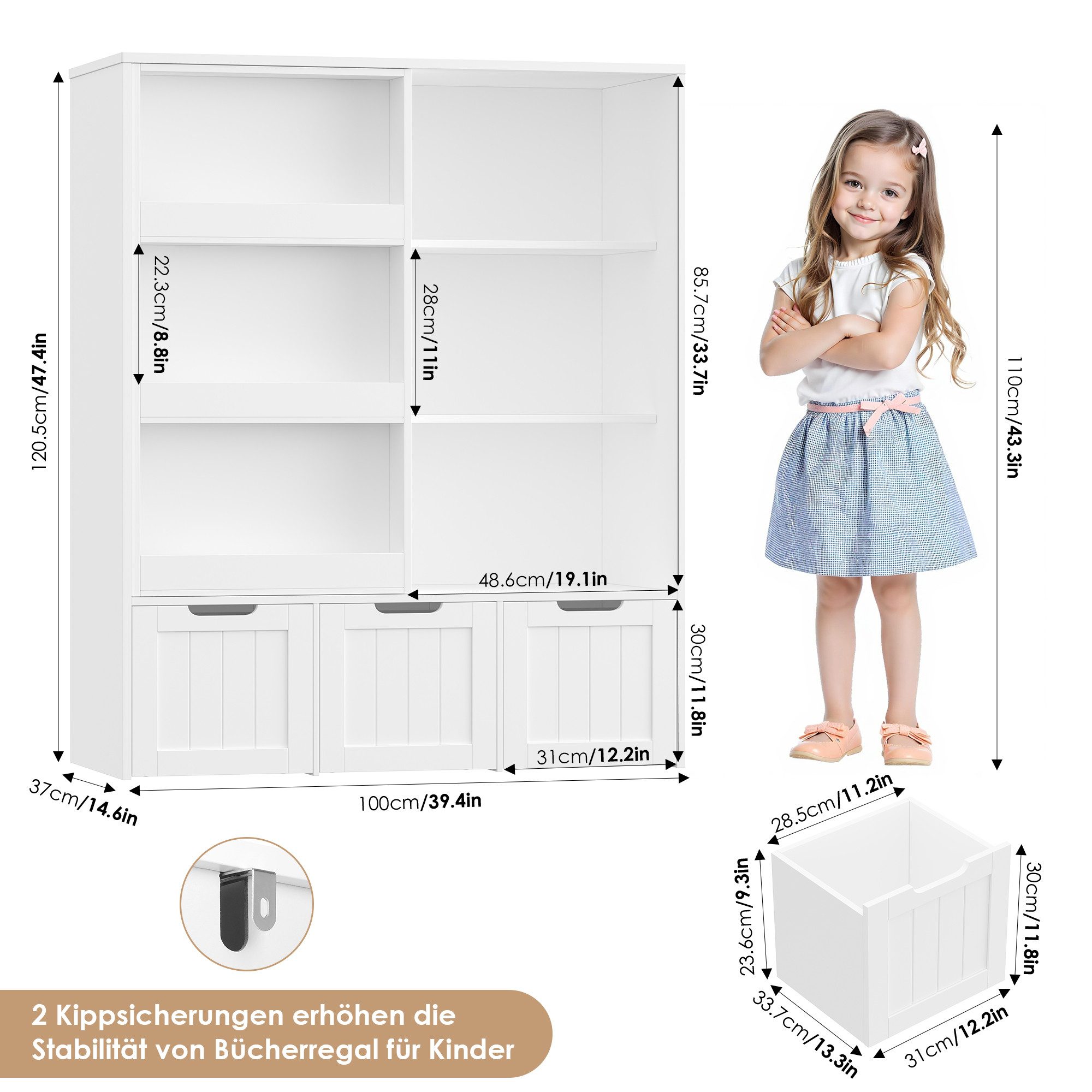 Homfa Kinderregal mit Bücherregal Kinderschrank mit 3 Spielzeugkisten auf Rollen, Spielzeugregal mit 6 offenen Fächern Spielzeugtruhe 120x100x37cm – Bild 3 von 5