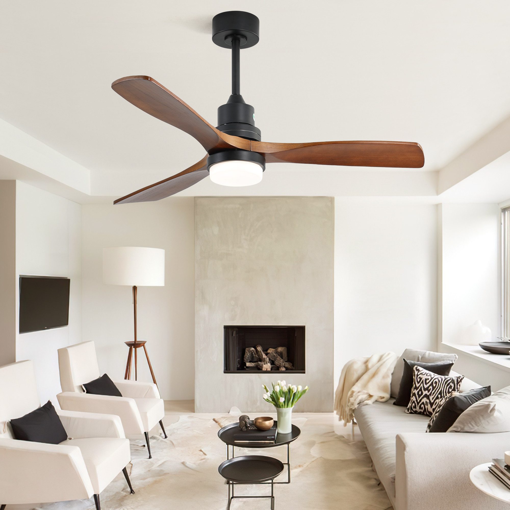 Sofucor Deckenventilator mit LED-Beleuchtunfg und Fernbedienung, 132 cm, 3 Massivholz-Flügel